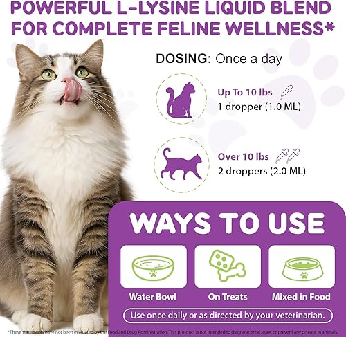 Miniatura 4 de Gotas de L-lisina para gatos, 2.0 fl oz, apoyo natural para la salud ocular y respiratoria, sabor a pollo, sin granos y sin gluten, con extractos de