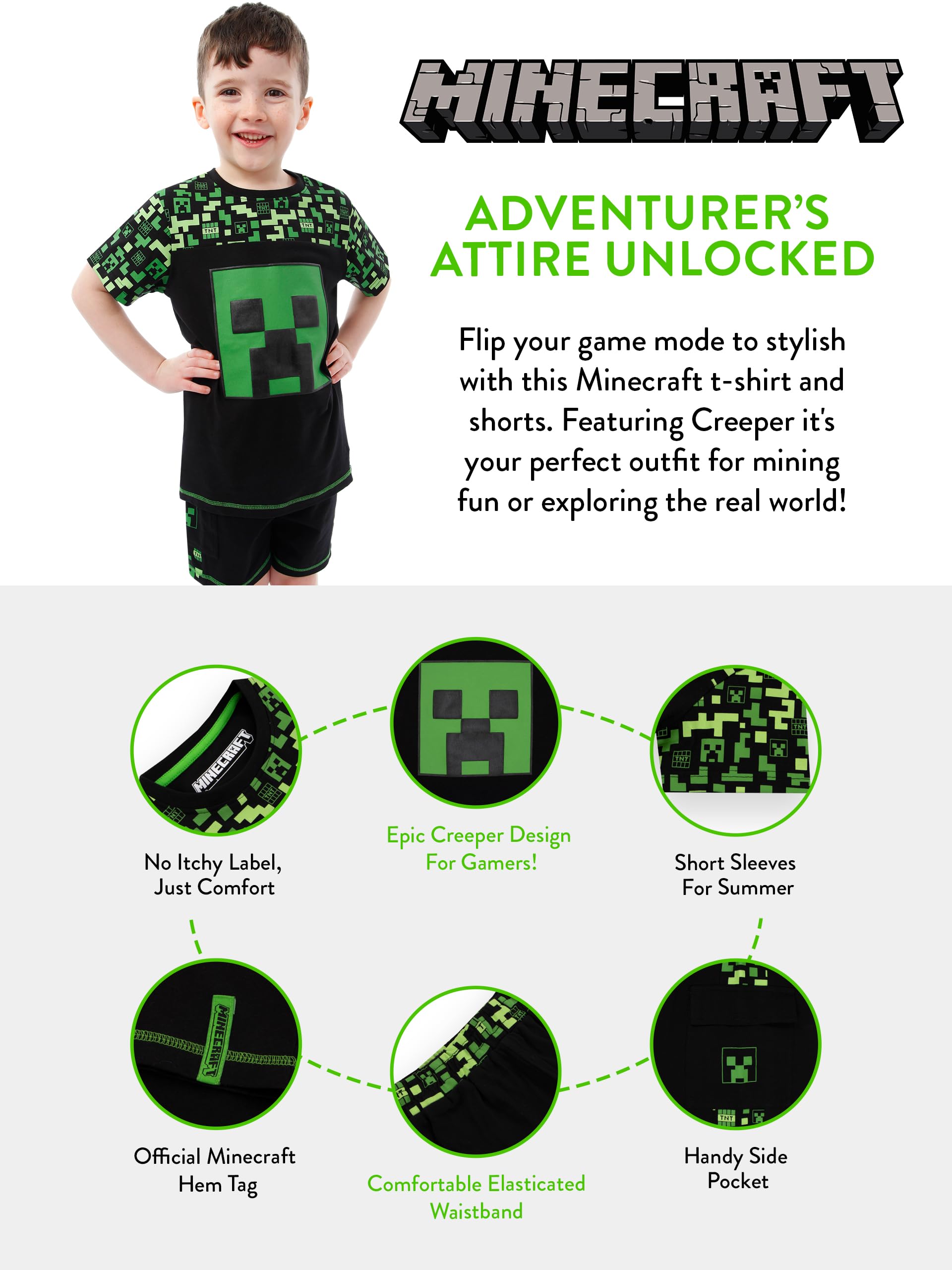 Minecraft Vêtements pour garçons T-Shirt, Shorts et Bermudas Creeper Garçon | T-Shirt Enfant Jeu Garçon