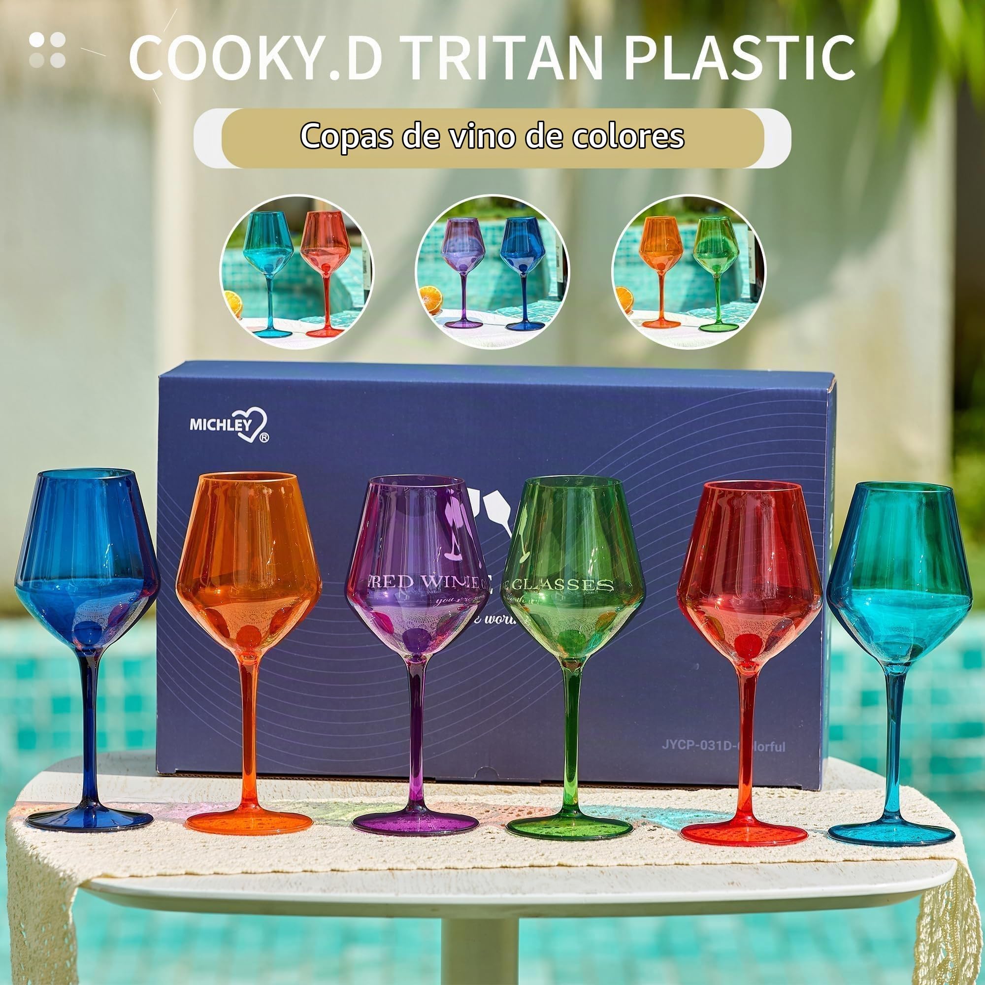 Copas de Vino Irrompibles Que Flotan en la Piscina - Lote de 6 440ml - Copas de Vino Tinto de Tallo Largo para Piscina - Colorido