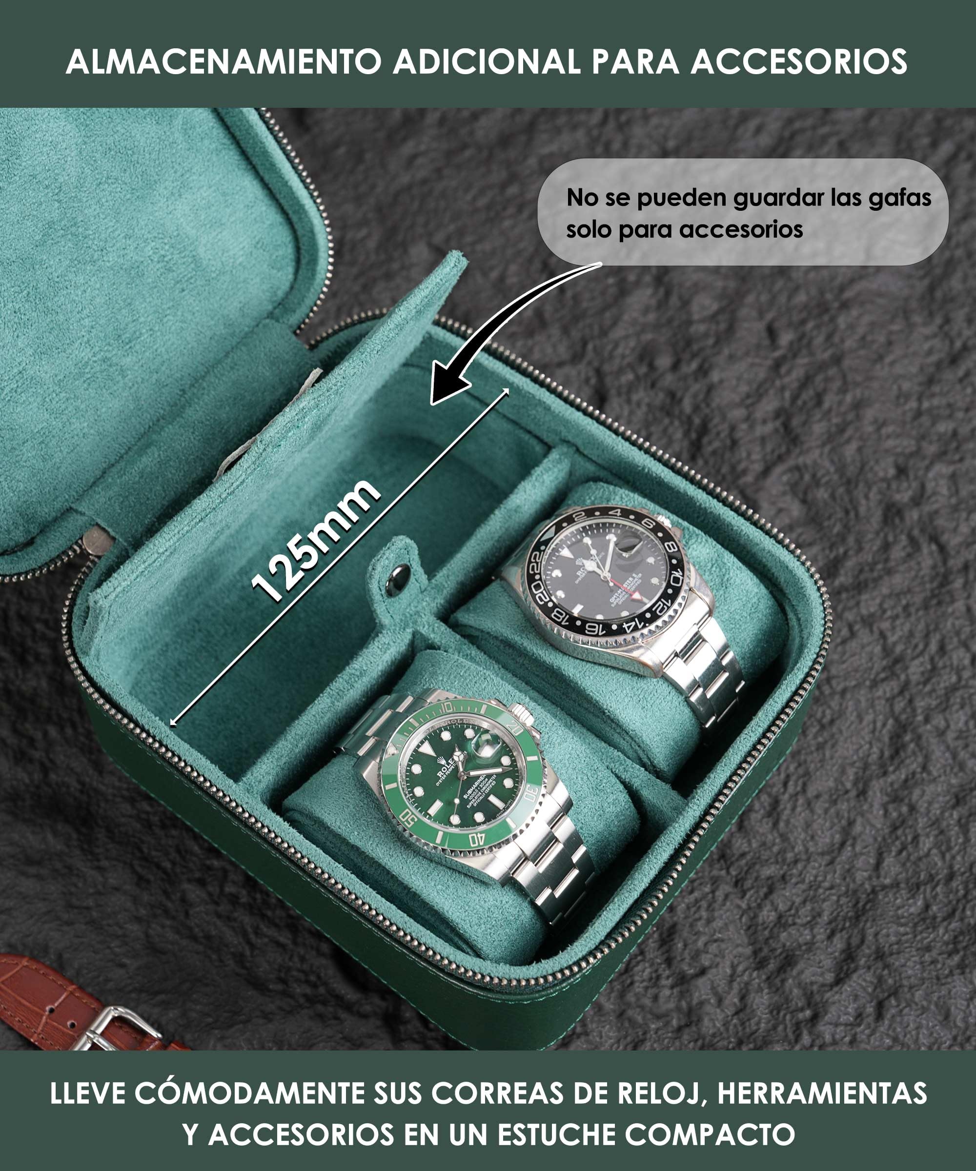 Étui de voyage pour 2 montres avec compartiment de rangement pour lunettes, en cuir pleine fleur, fermeture éclair de protection portable robuste, compatible avec toutes les montres et montres