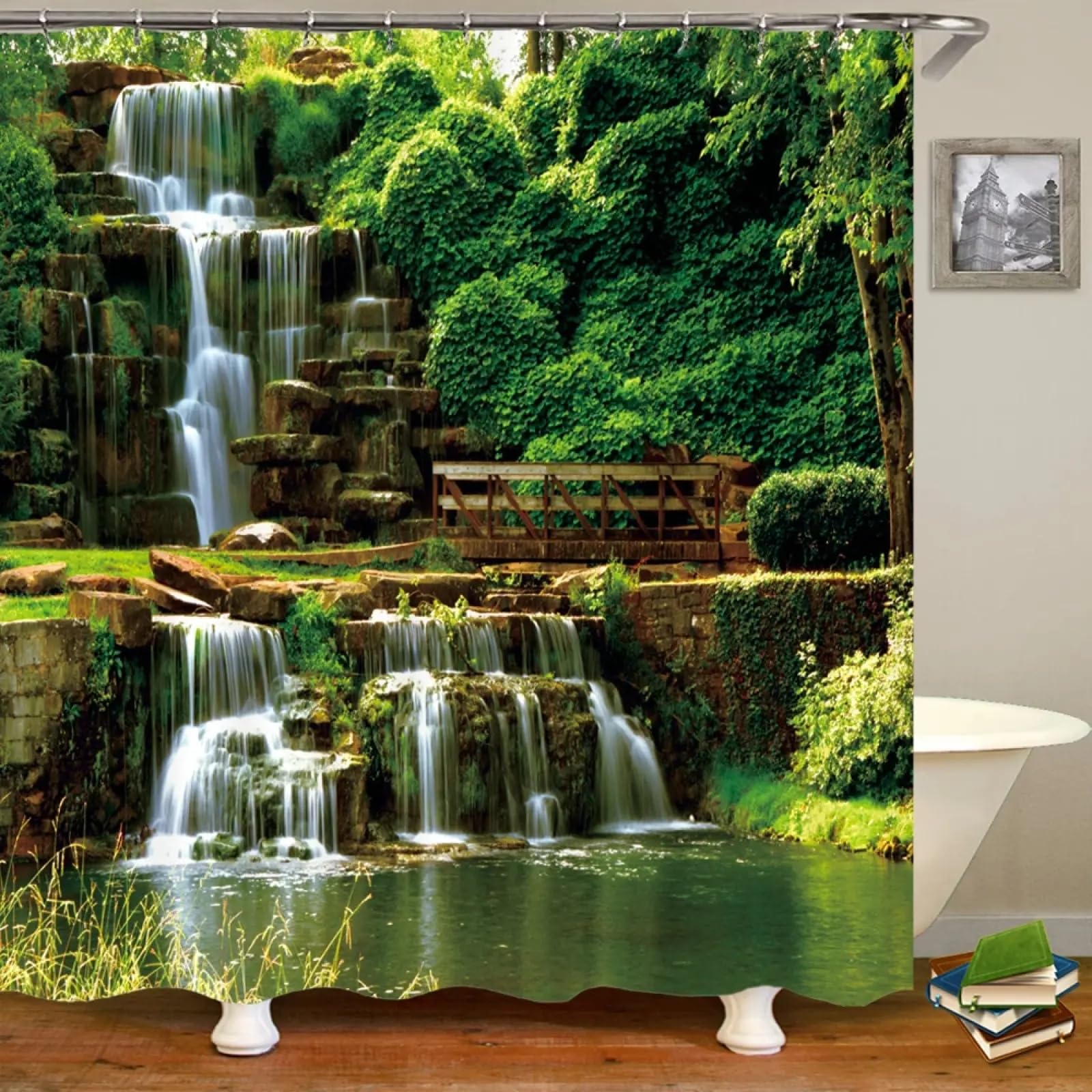 Rideau de bain paysage vert pour douche moderne et déco nature