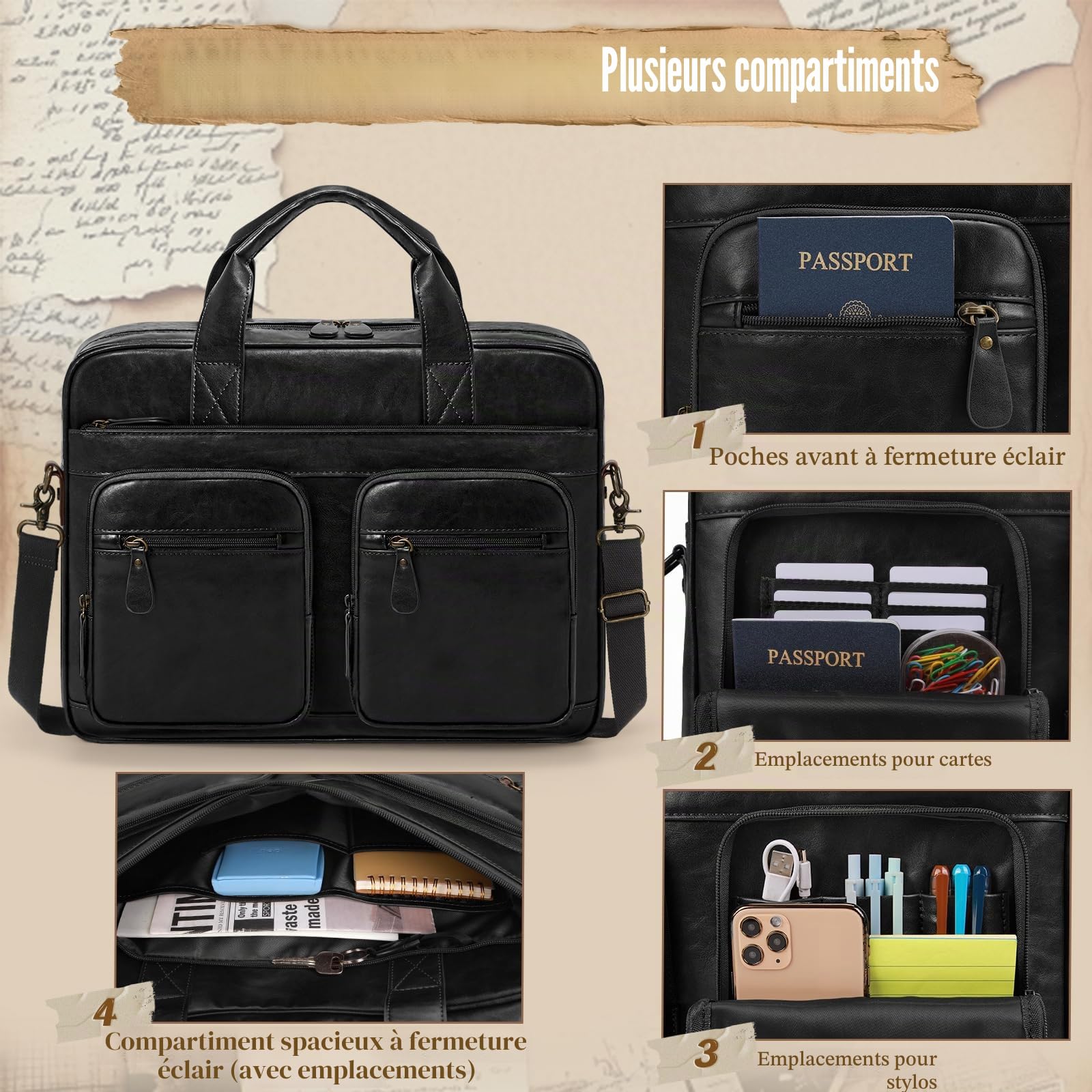 RAINSMORE Sacoche Homme Bandouliere 15.6 Pouces Cuir PU Imperméable Cartable Homme Sac Bandoulière Ordinateur pour Travail Affaires Collège