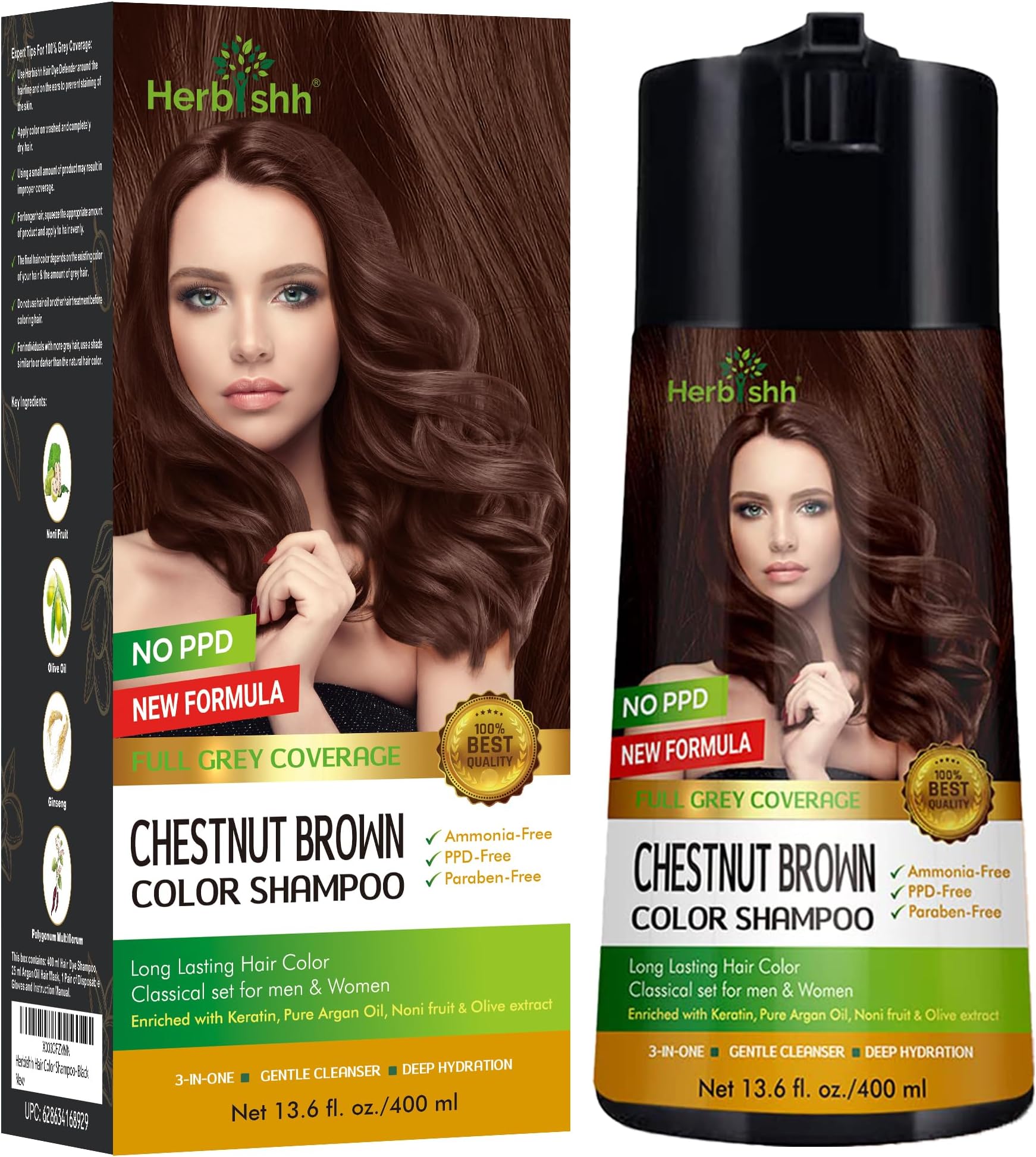 Herbishh Hair Color Shampoo For Gray Hair – Enriched Color Shampoo Hair Dye Formula – Hair Dye Shampoo And Conditioner – Long Lasting & Diy (Chestnut Brown)