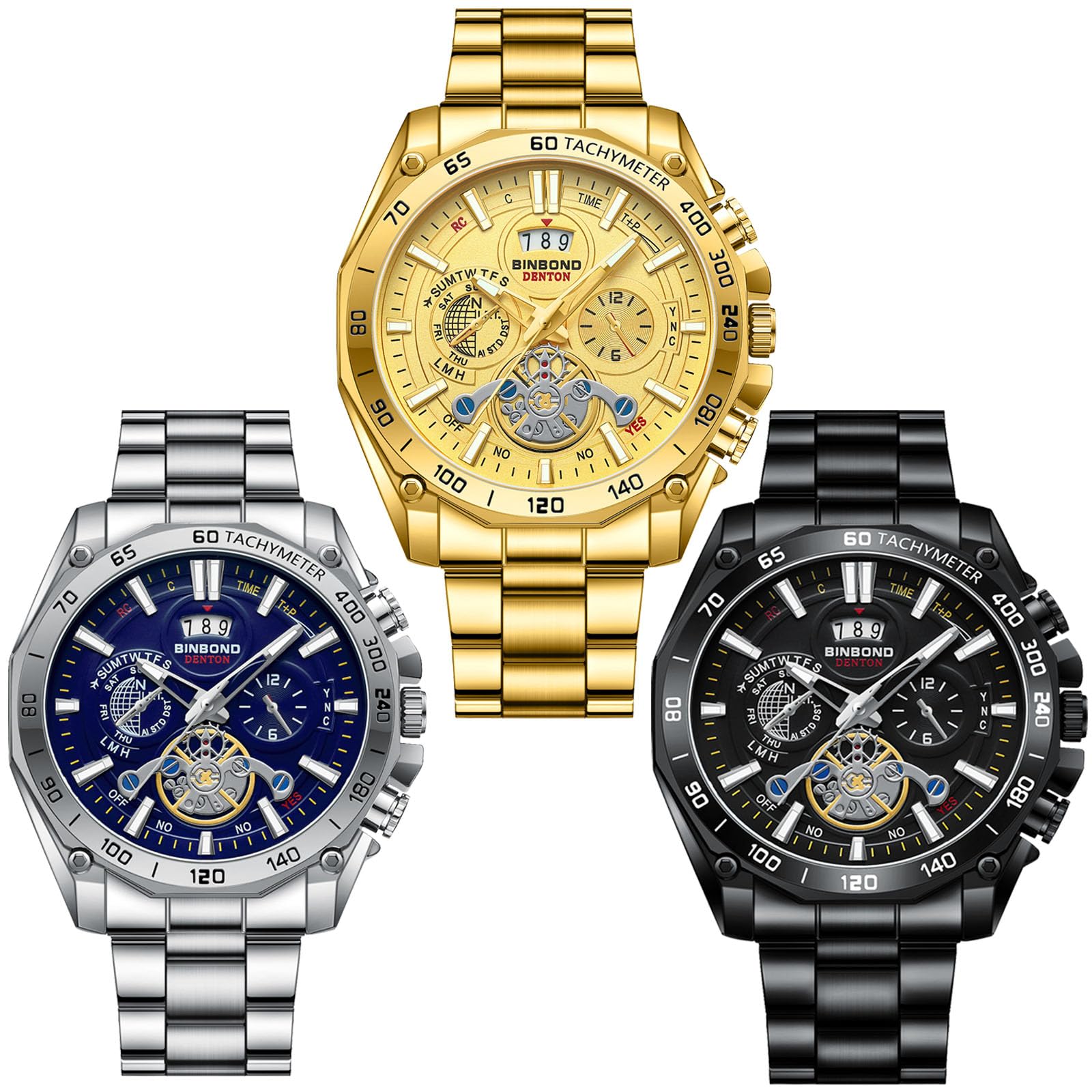 Herren-Armbanduhr, 3 Stück, mit Datum, Edelstahl, Quarzuhren, klassisch, Business-Armbanduhr, wasserdicht, leuchtender Kalender, Chronograph, Reloj para Hombr
