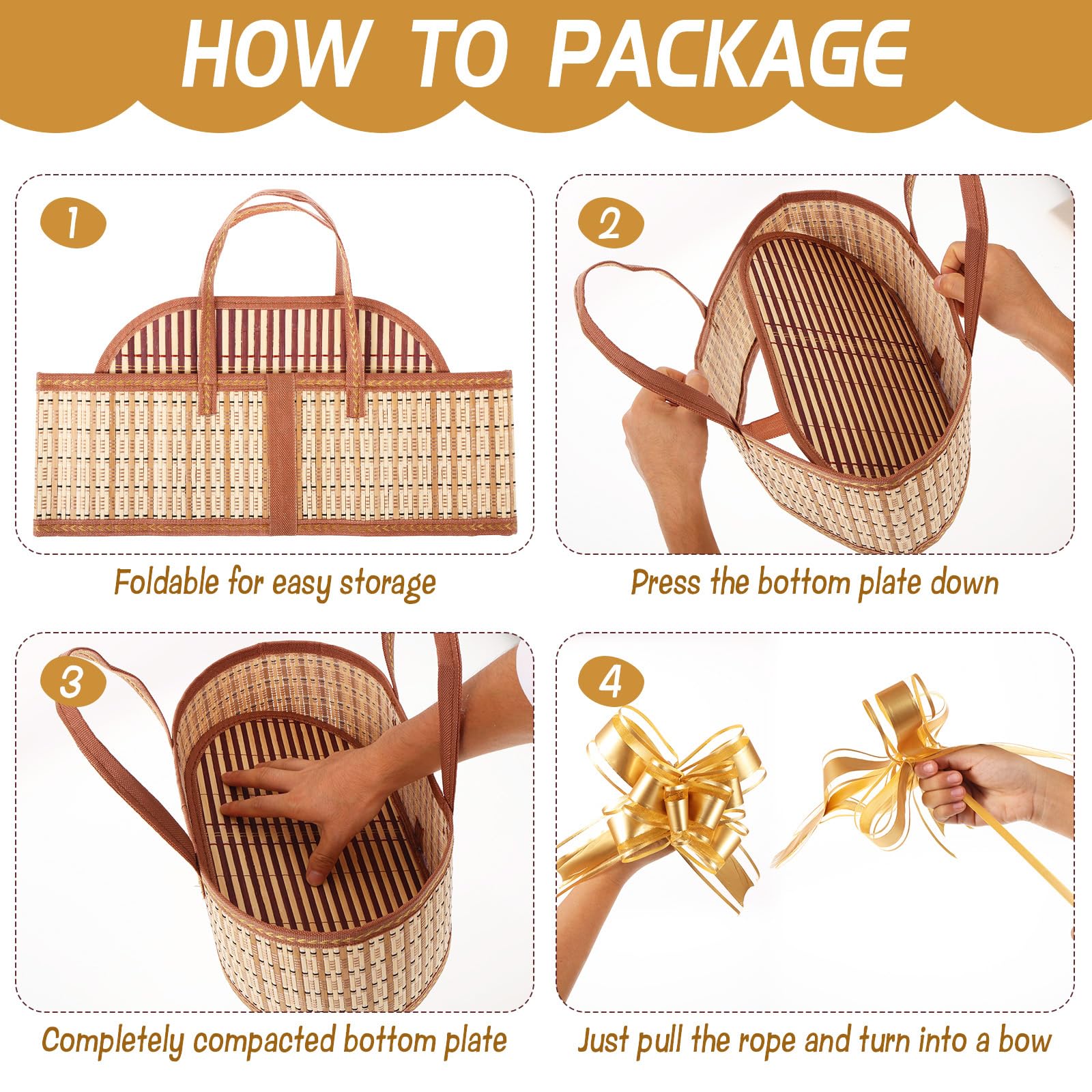 Juego de 4 cestas vacías para regalos, cesta grande de bambú vacía con asas, cesta de regalo tejida plegable con bolsa envolvente/tarjeta/lazo, cestas de regalo resistentes para bautizos de bebé