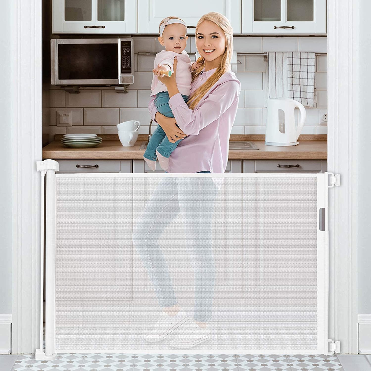 Beauenty Retractable Baby Gate, Beauenty Mesh Safety Gate for Babies and Pets, Extra Wide Safety Baby Gate 34" Tall, Extends to 71" Wide(Need to Punch), Pet Dog Gate for Stairs, Indoor/Outdoor (White)