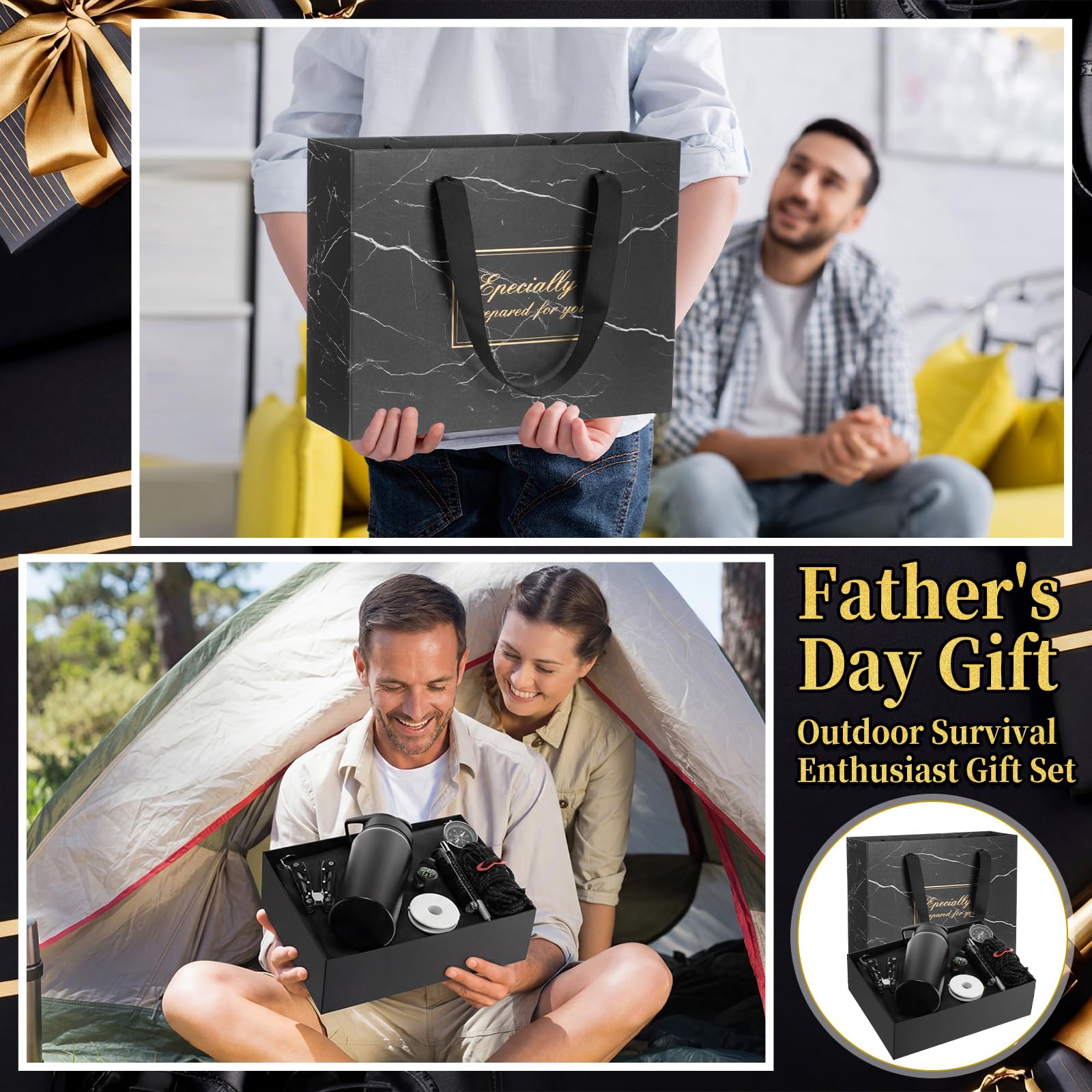 Kit de survie 9 pièces, panier d'anniversaire pour homme, boîte pour papa, équipement d'urgence en plein air avec bouteille d'eau, lampe de poche, boussole, sifflet, cadeau de camping