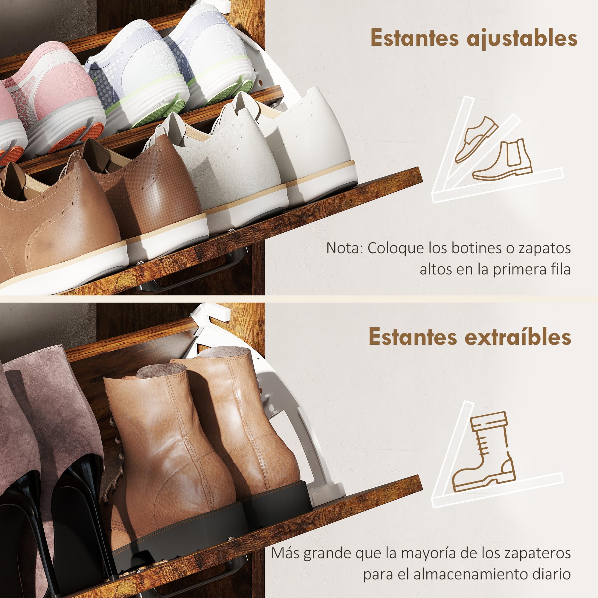 HOMCOM Mueble Zapatero Estrecho 4 Puertas 120x24x103 cm Marrón Rústico | Zapatero, Estantes Ajustables, Estilo Industrial, para 24 Pares de Zapatos, hasta Talla 46, para Recibidor Entrada