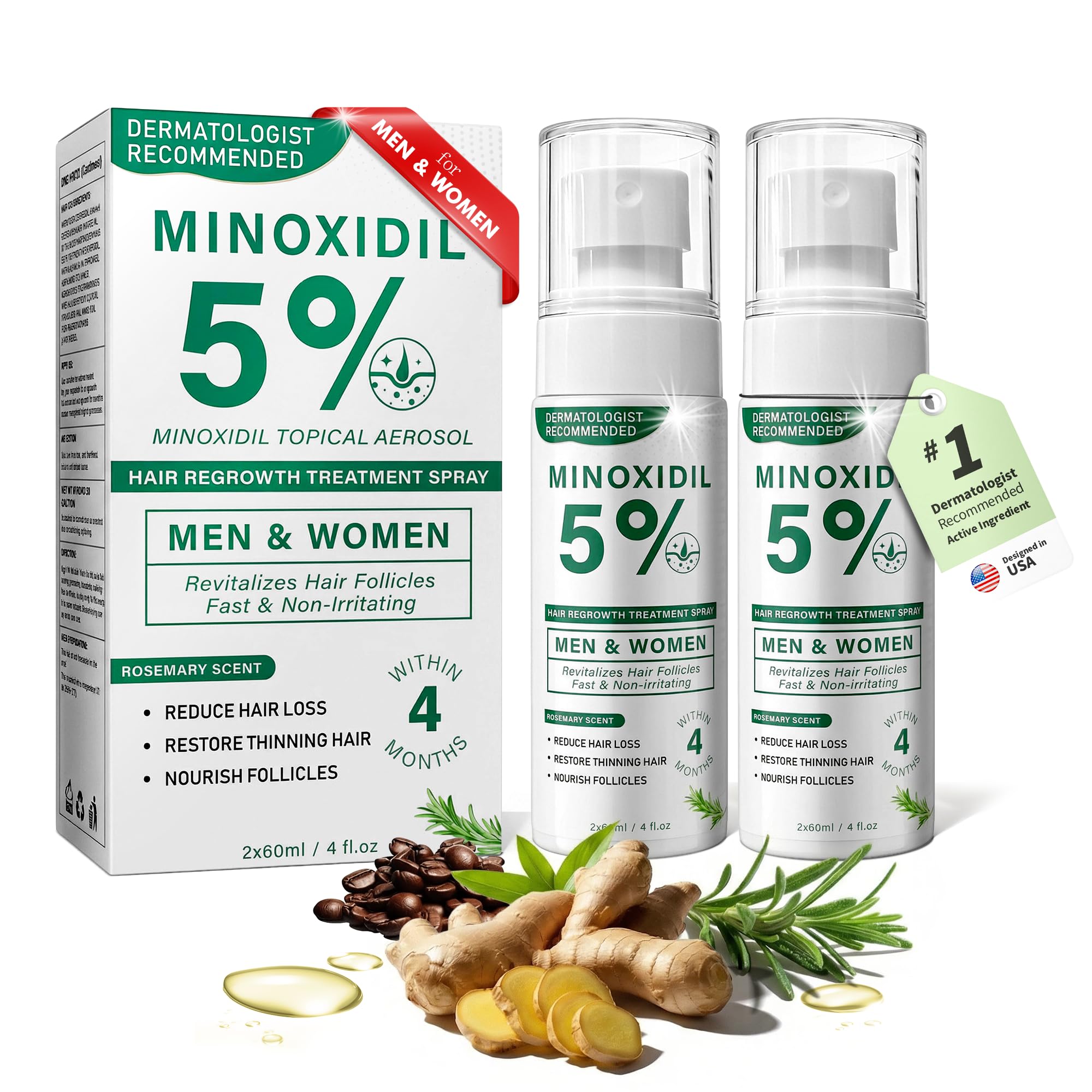 5 Minoxidil Hair Regrowth Spray for Men and Women with Rosemary Scent 2 x 60ml Value Pack for
