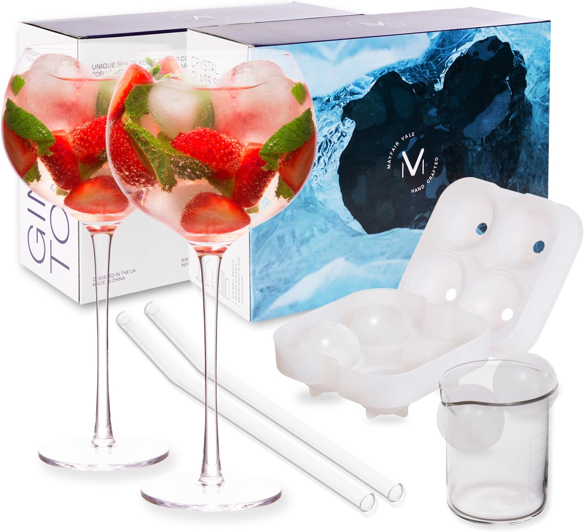 Crystal Balloon Shaped Gin and Tonic Glasses Set. Handmade Glass, Dishwasher Safe, Large Volume Extra Tall Long Durable Stem. Set of 2 Giant Spanish Goblets Copa De Balon for Men and Women