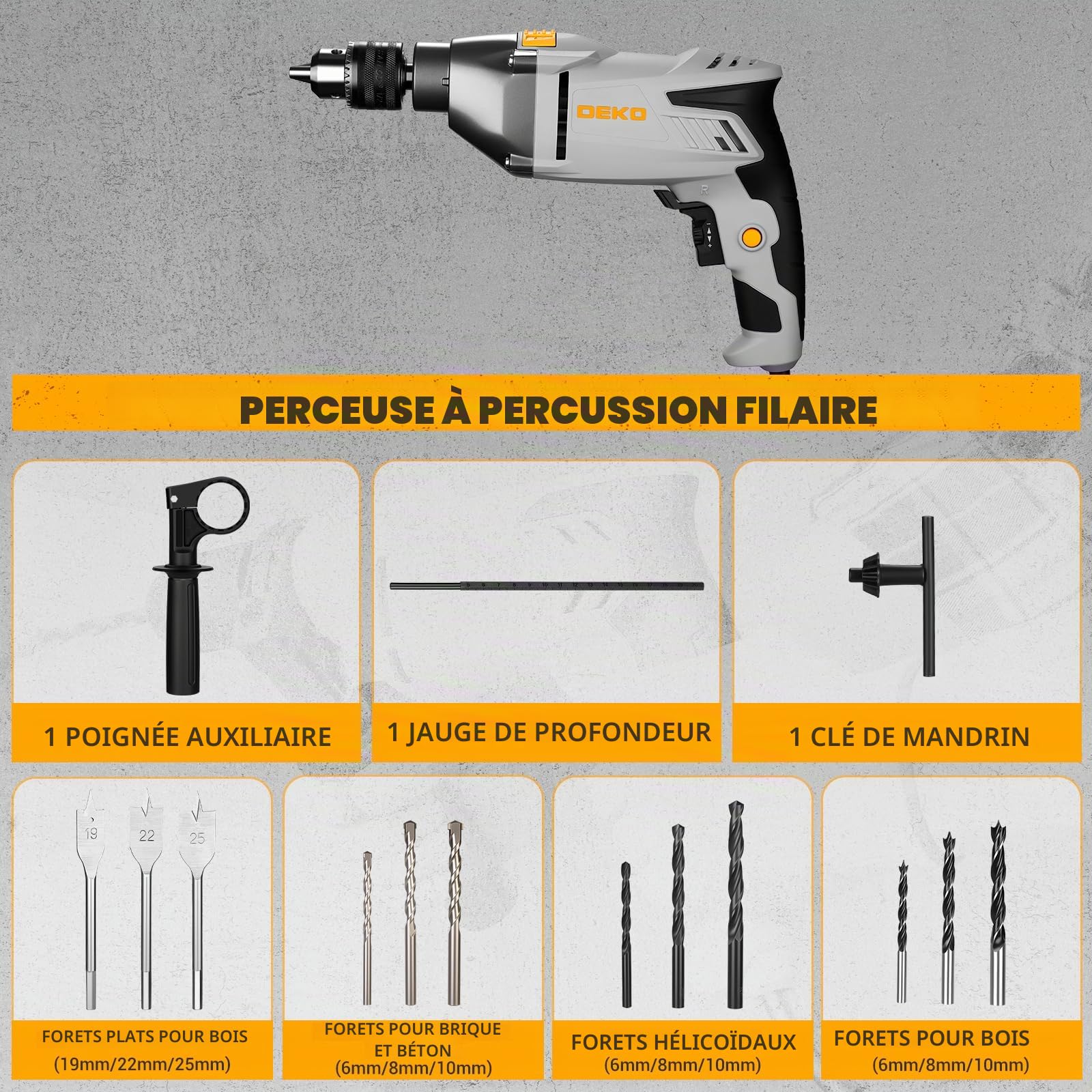 DEKOPRO Perceuse à Percussion Filaire 950W, Perceuse 2-en-1 6 Vitesses, 2800 RPM, 48,000 BPM, Mandrin Métallique 13mm, 12 Mèches (Diamètre de Perçage Dans l'Acier/le Bois/la Maçonnerie : 13/30/12 mm)