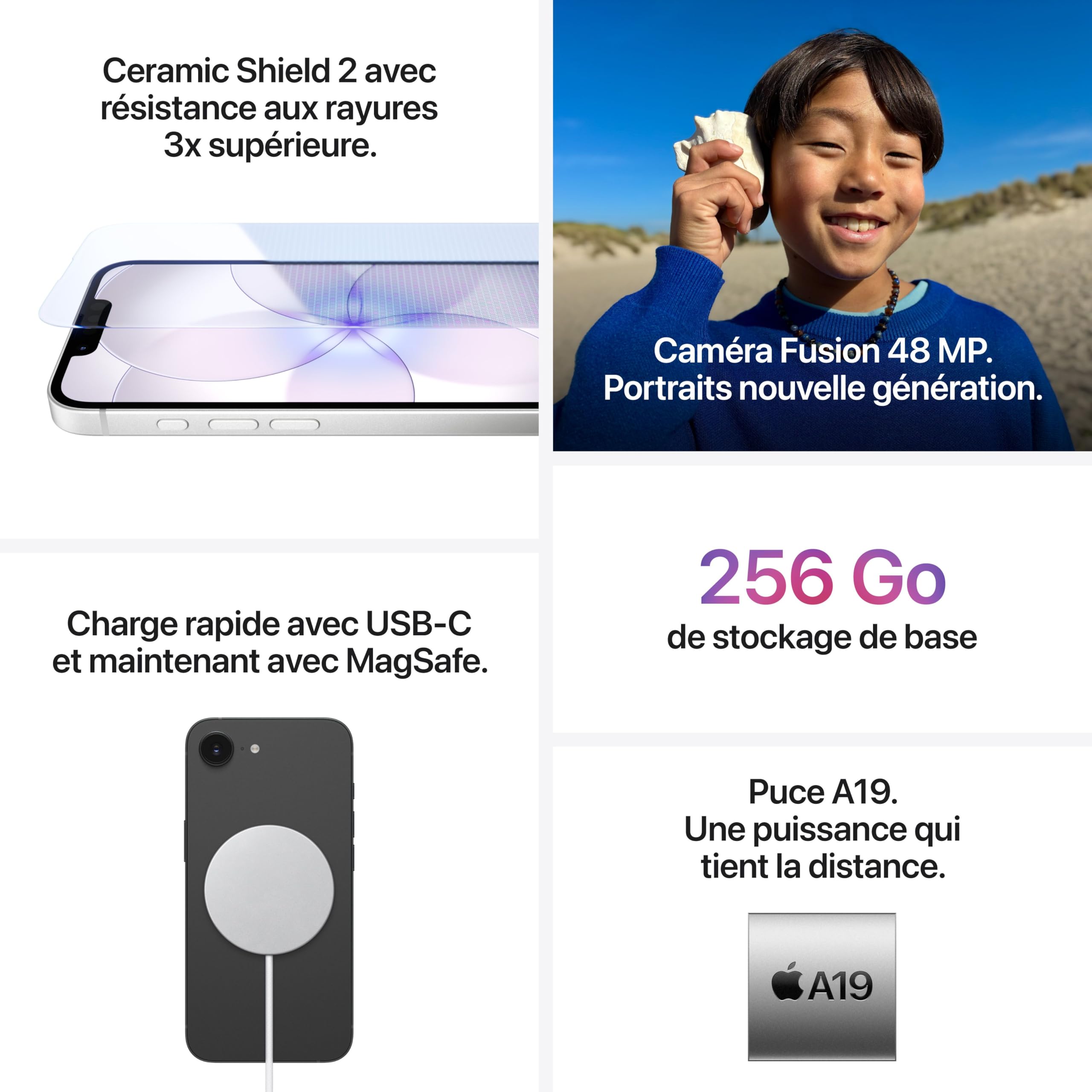 Apple iPhone 17e 256 Go : Écran Super Retina XDR 6,1 Pouces, Puce A19, Autonomie d’Une journée, Caméra Fusion 48 MP ; Noir