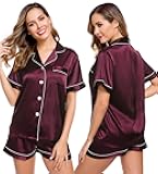 LecGee Womens Silk Satin Pajamas Short Sleeve Loungewear Two-Piece Sleepwear Button-Down Pj Set