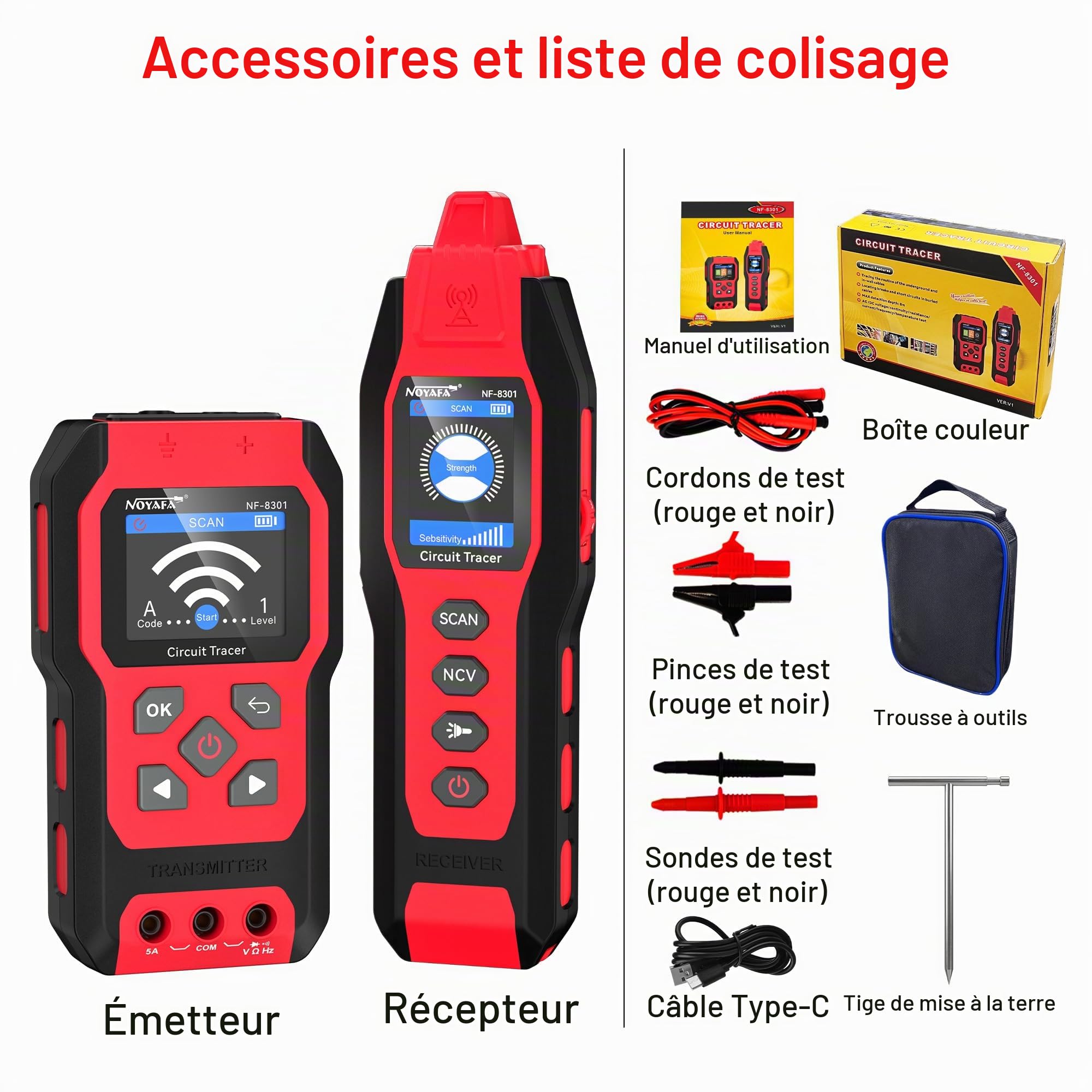 NOYAFA NF-8301 Détecteur de Circuit - Traceur de Câbles, Localisateur de Disjoncteur avec Multimètre Numérique, Sensibilité 8 Niveaux, Rechargeable, pour Fils Muraux et Souterrains