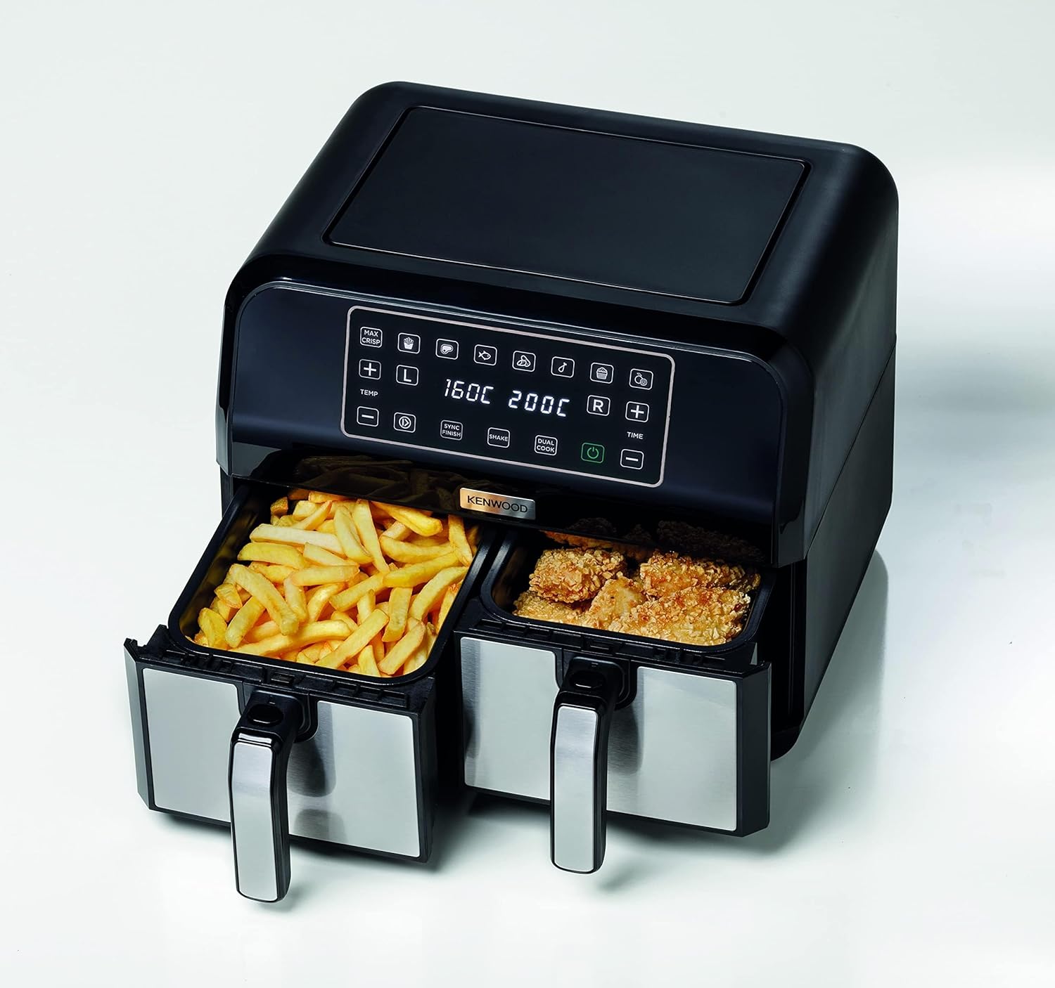 Top-down view of the Kenwood Digital Twin Air Fryer with fries and chicken nuggets in separate baskets.