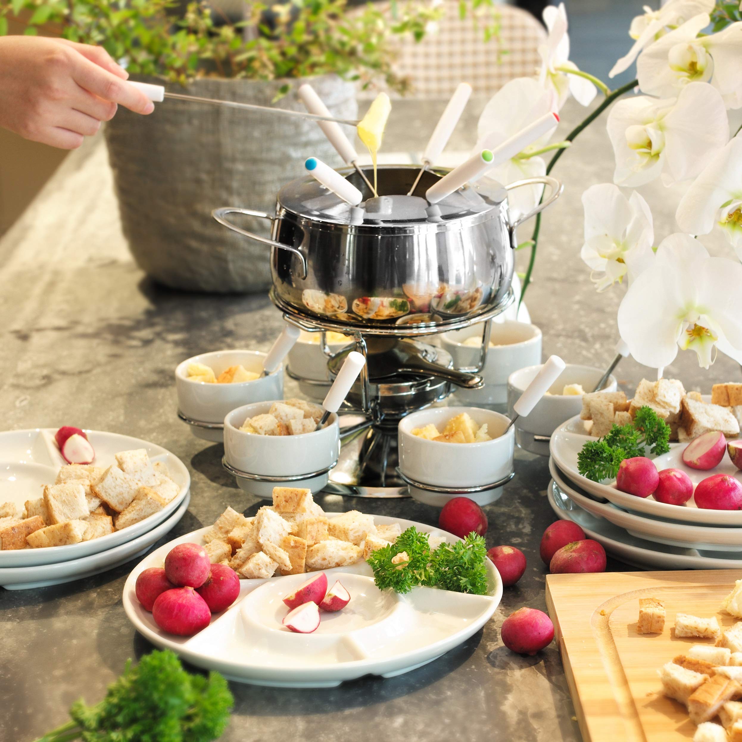 Ribelli Service à Fondue de 28 Pièces en INOX, 6X Fourchette, Cuillère, Assiette, Bol de Fondue au Fromage, Fondue à la Viande, pour 6 Personnes