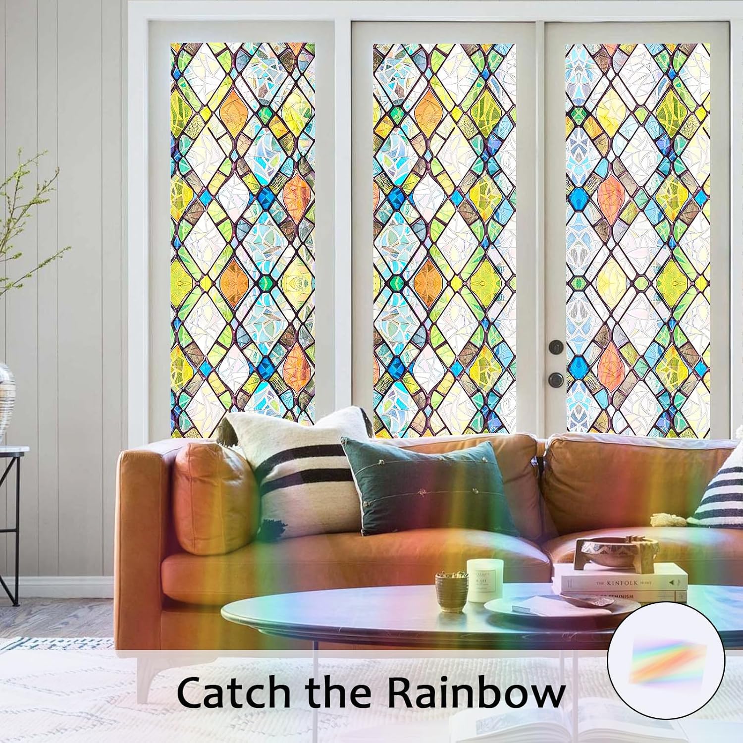 Window Privacy Film, Static Cling Stained Glass Window Film Decorative, Non-Adhesive 3D Rainbow Frosting Film Anti-UV for Bathroom Home Door (Colorful, 23.6" x 78.7") 23.6" x 78.7" Colorful