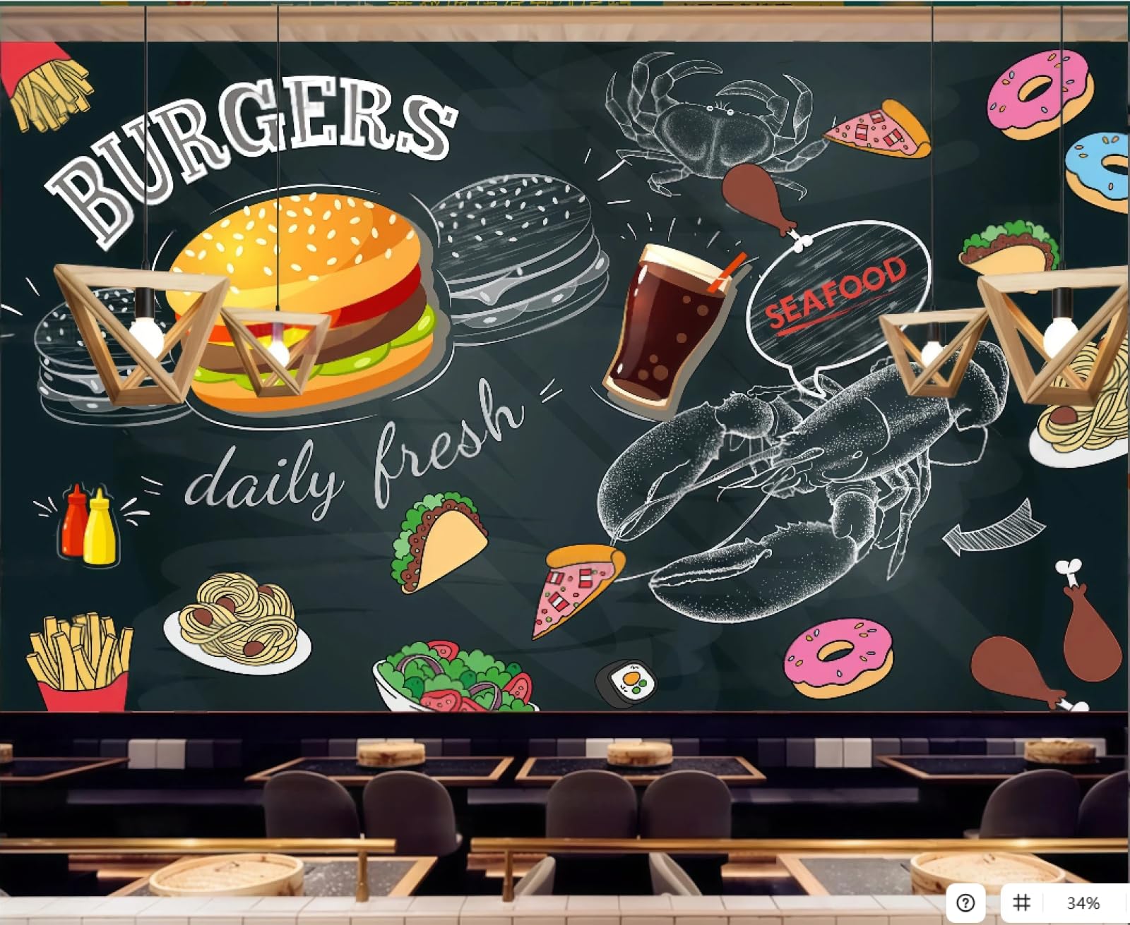 XDOUBAO Wallpaper Blackboard Hand-Painted Burger Pizza Fast Food Restaurant Dessert Afternoon Tea Western Restaurant Background Wall Wallpaper Coffee Shop Mural,3D,250x175cm