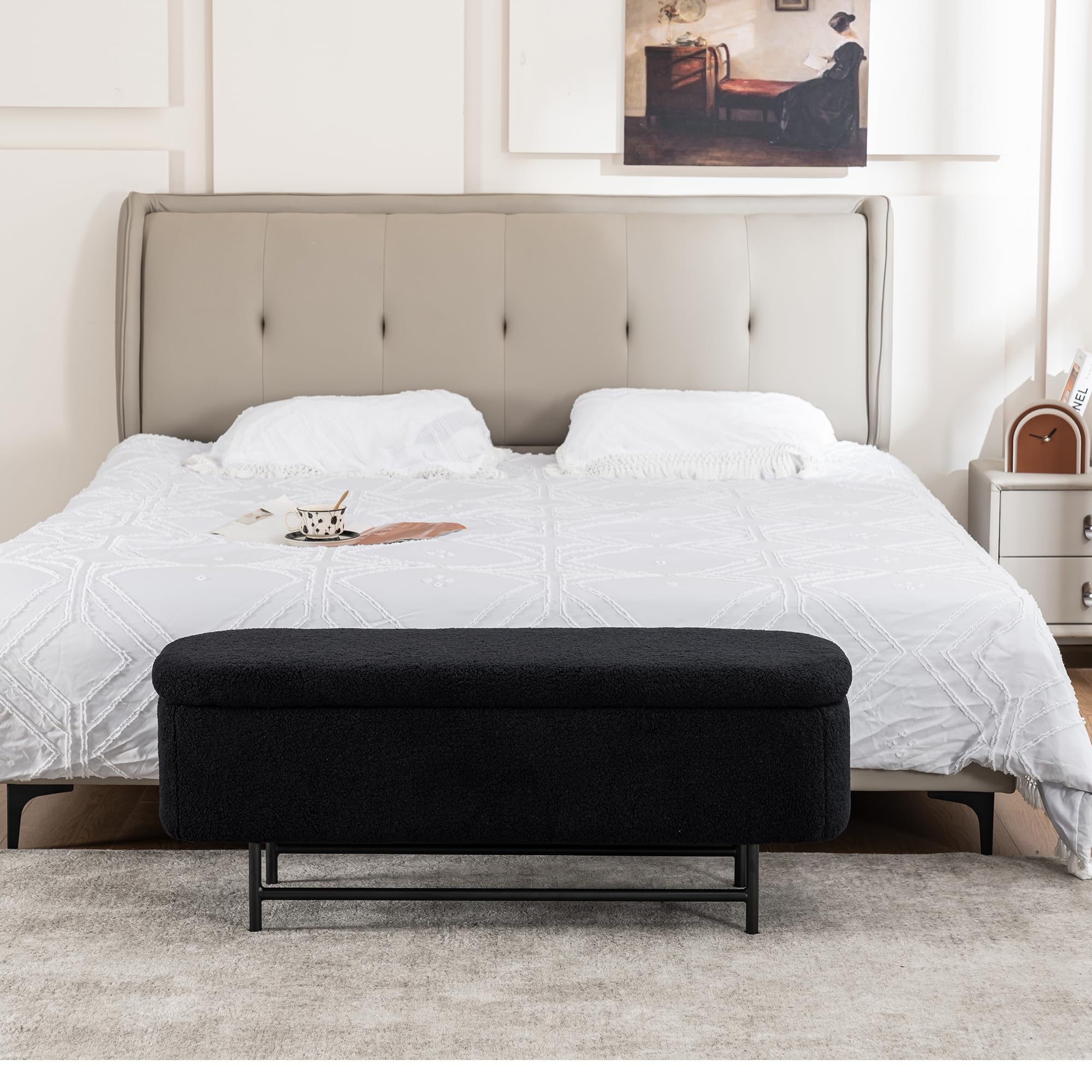 DRKAT Boucle Storage Bench for Bedroom, Upholstered Storage Ottoman Bench with Metal Stand, Modern Bench for Bedroom with Storage, Teddy End of Bed Bench for Living Room/Entryway/Bed Side,43",Black