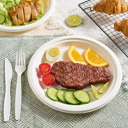 Miniatura 7 de Vplus Paquete de 150 platos de papel de 9 pulgadas y paquete de 200 cuencos de papel de 12 onzas, súper fuertes, 100% bagazo, natural,