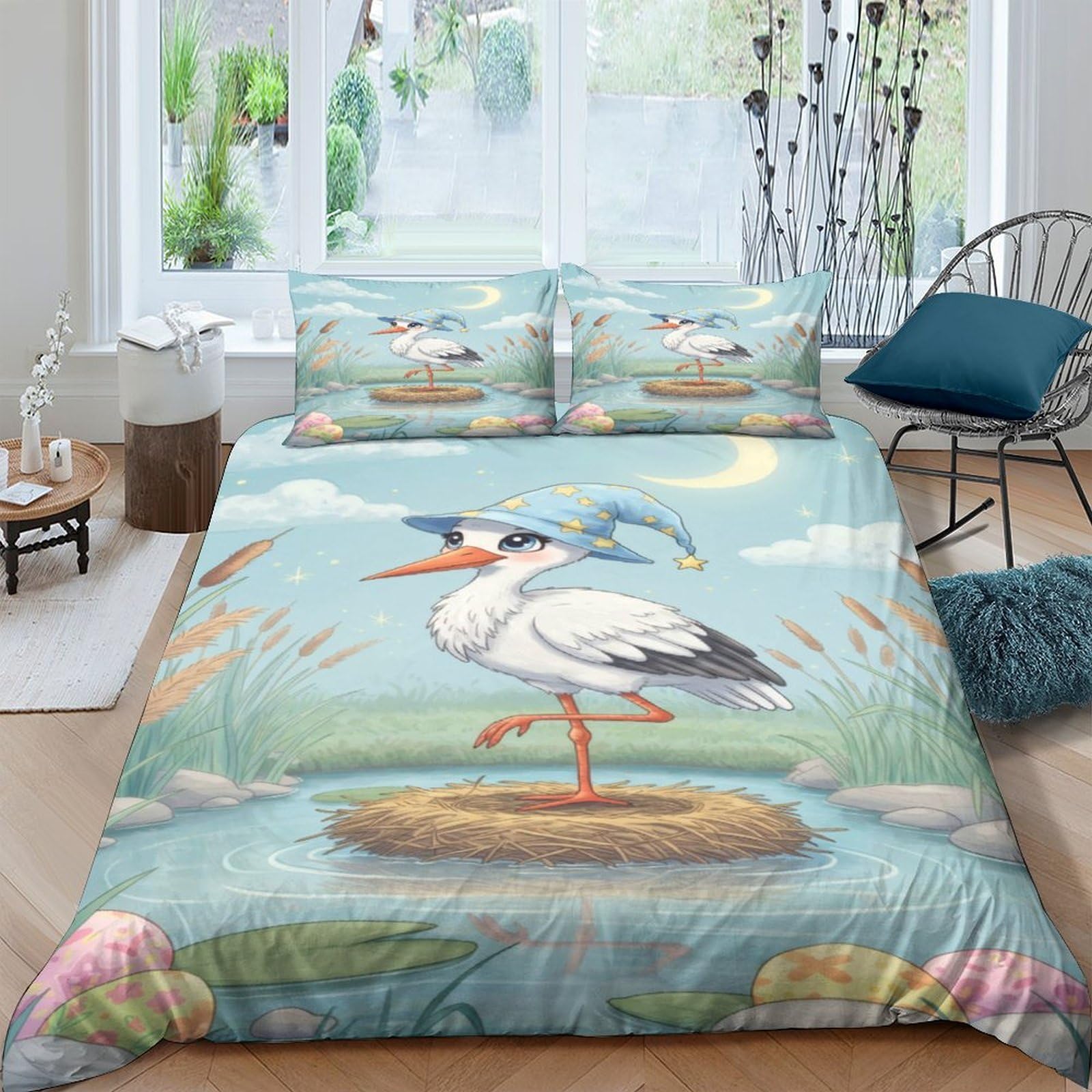 Ctjqhvkz Style-1 3D Printed Stork Lake Fitted Sheet Microfiber Anti-Slip Protection Bird Meadow Mattress Cover Bedroom Decor Single（135X200cm）