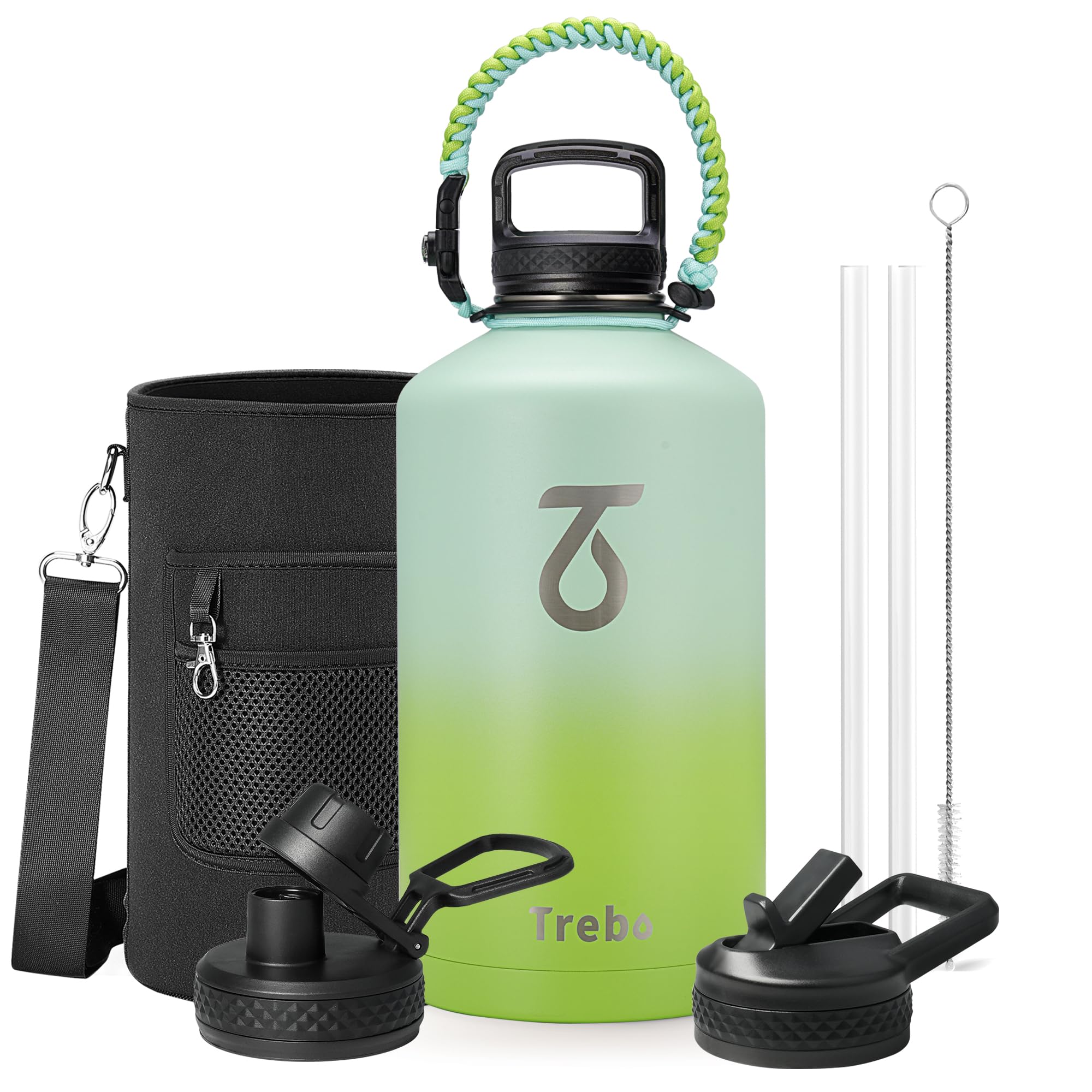 Trebo Borraccia Termica, Borraccia con Cannuccia Borraccia acciaio inox fredda per 48 ore Borraccia Termica Bottiglia in Metallo con Manico in Paracord, 3785 ml, Verde