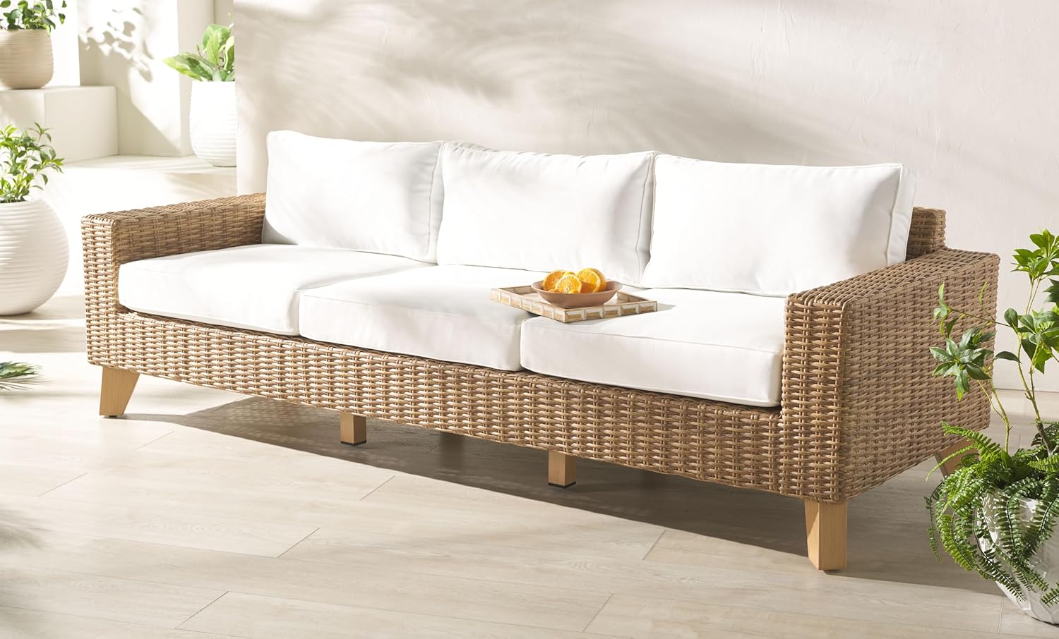 SAFAVIEH Couture Collection Margarita Natural/White Faux Wicker Indoor/Outdoor Patio Sofa