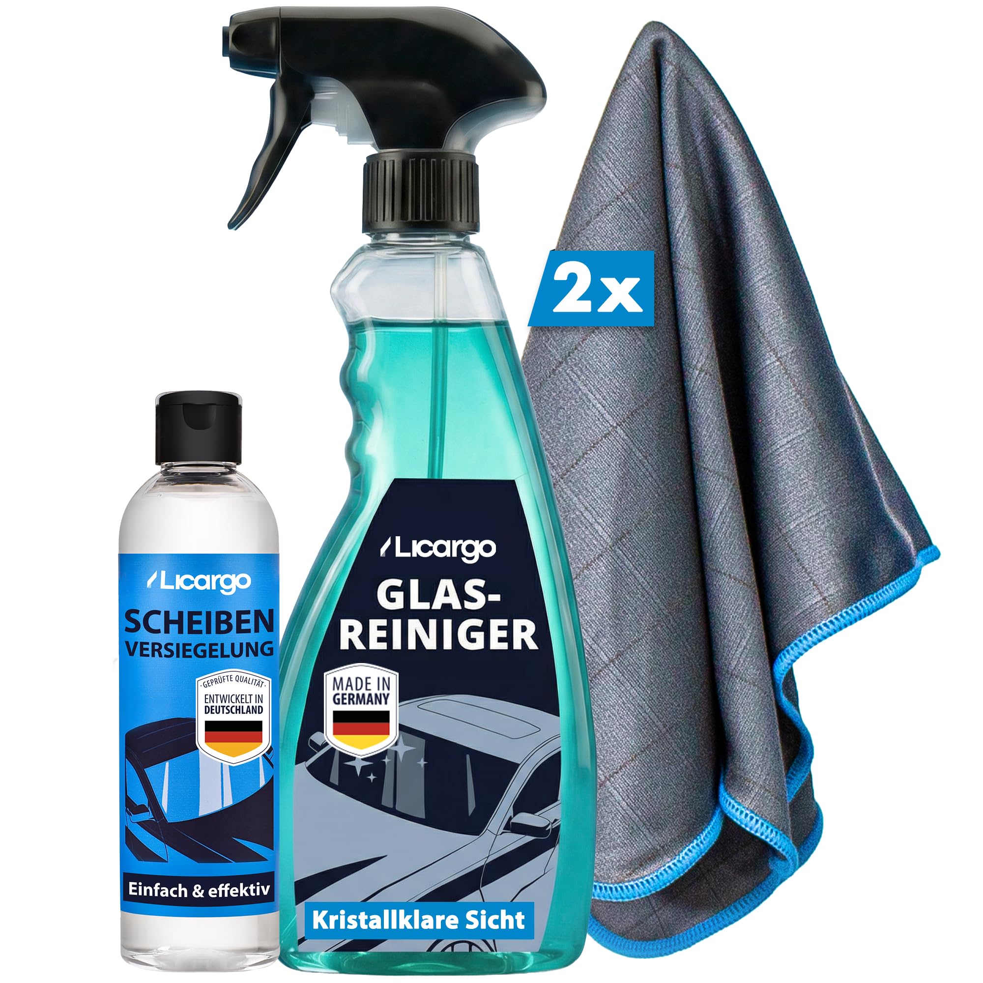 LICARGO® 3-teiliges Scheiben Set - Scheibenversiegelung 250ml & 2X Premium Carbontücher & Glasreiniger Auto (750ml)
