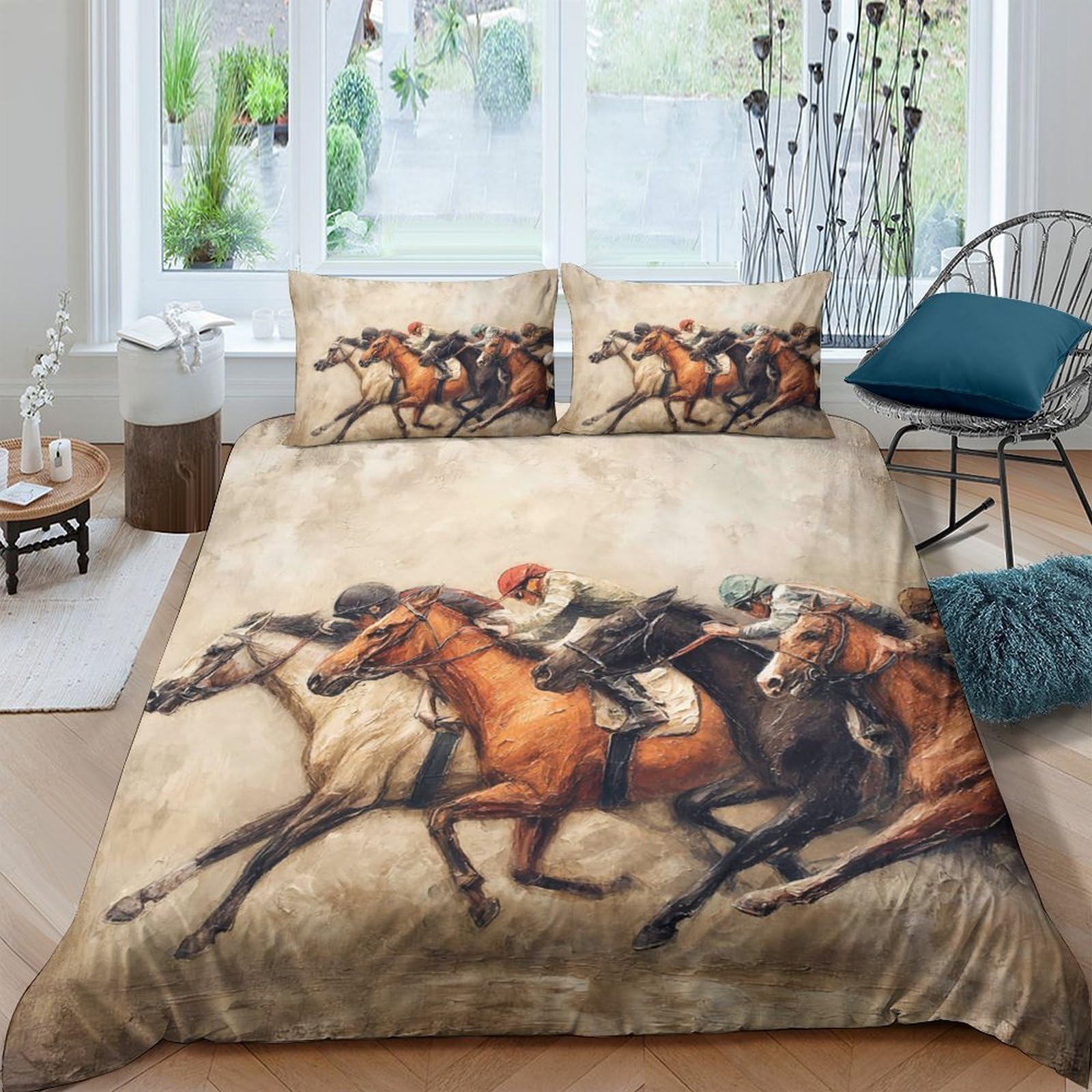 GPLZQXKJNH 3D Printed Horse Racing Duvet Cover Microfiber Soft Breathable Equestrian Bedding Set with 2 Pillowcases for Bedroom Decor Single（135x200cm）
