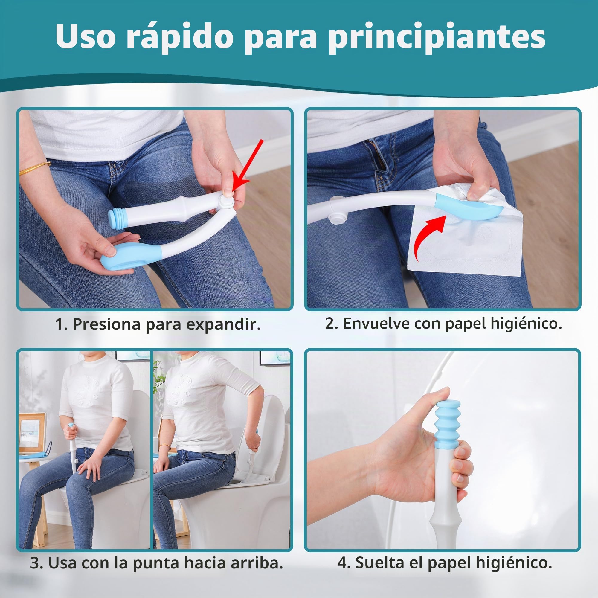 Herramientas de ayuda para el inodoro, plegable, azul, de largo alcance, cómodo, extiende tu alcance más de 15 pulgadas de papel higiénico o toallitas prehumedecidas