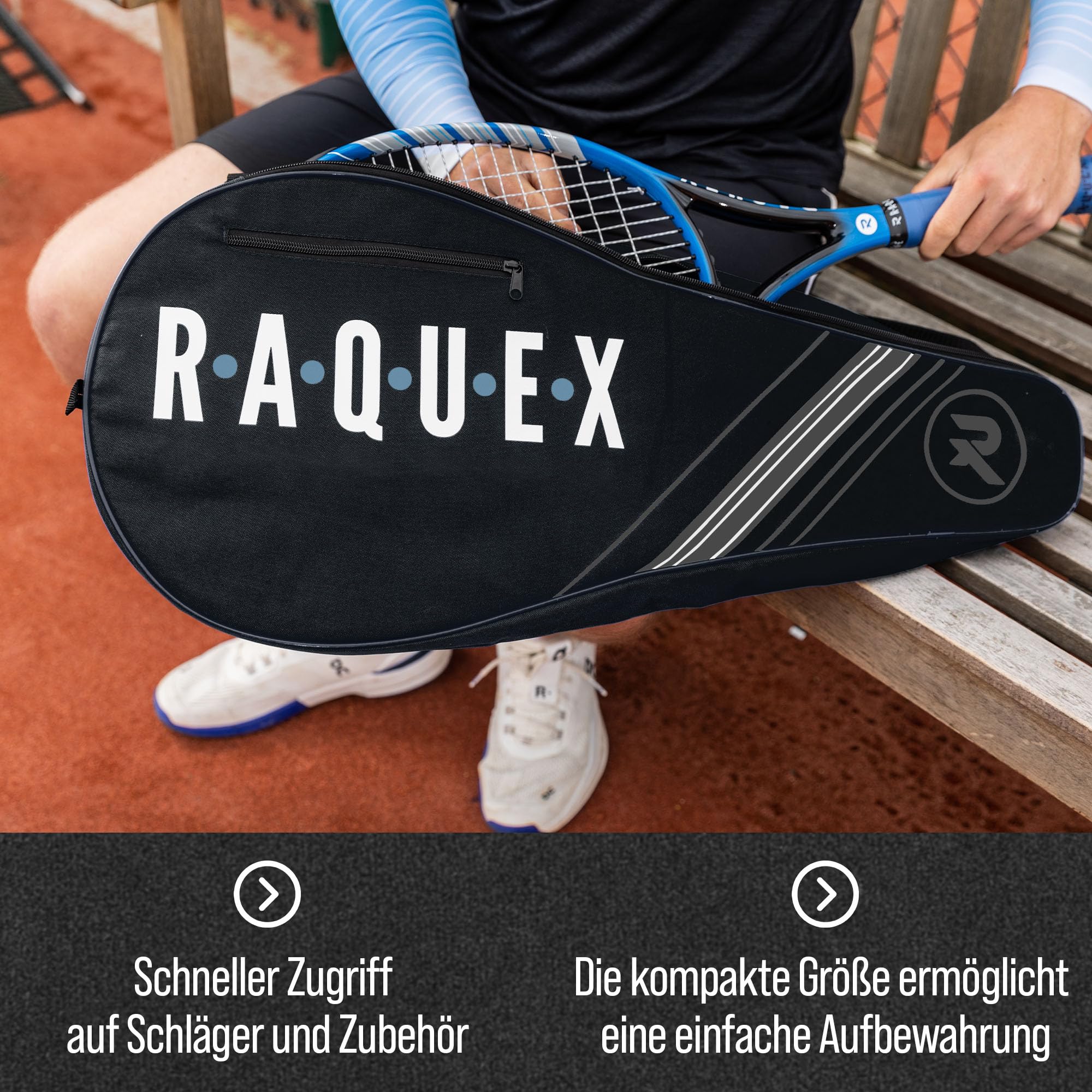Raquex Tennisschlägertasche - Blau oder Schwarz - Tennisschläger-Tasche, Squash- & Badmintonschlägertasche für 2 Schläger & Zubehör mit Schultergurt
