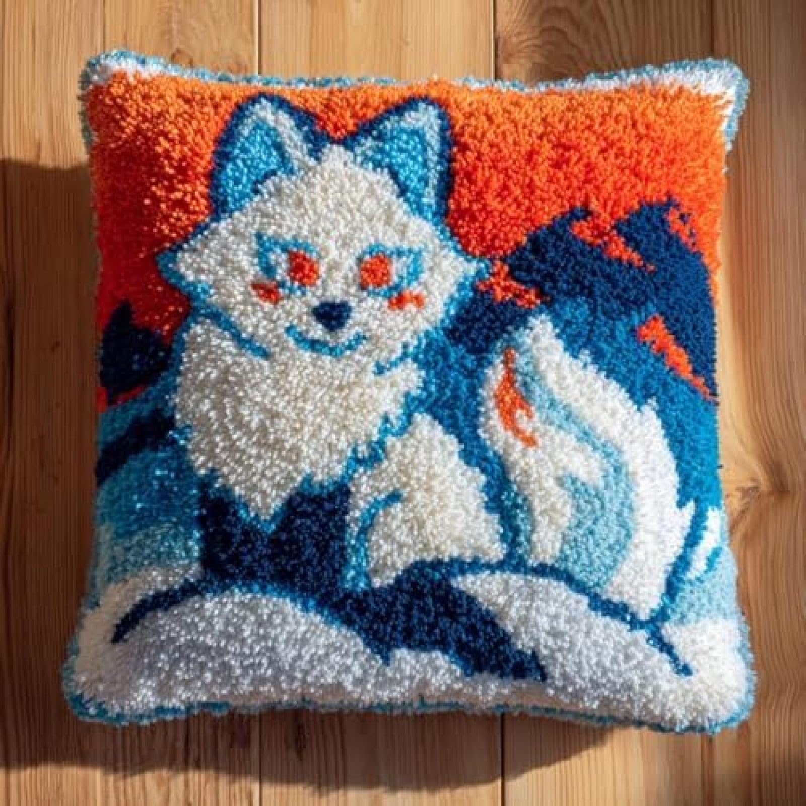 kitphoenix DIY Cushion Cover Latch Hook Kit for Adults Beginners,Arctic Fox in Snow,Pillow Cover Craft Making Kit with Pre-Printed Canvas,Pre-Cut Yarn and Hook,43x43 cm Home Décor Gift