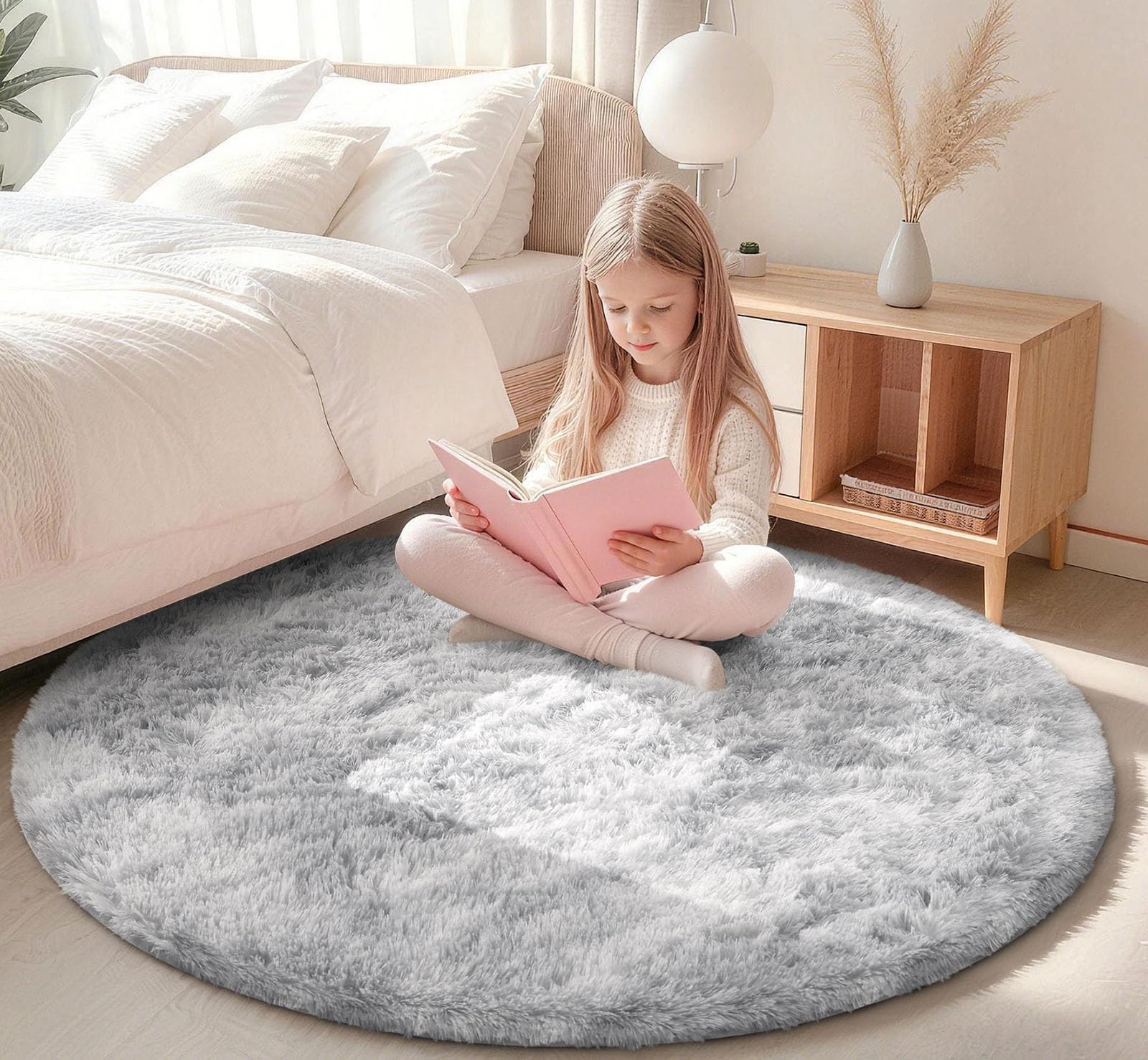 Homaxy Fluffy Rugs Living Room, Soft Shaggy Anti Slip Non Shedding Carpet, High Pile Modern Washable Area Rug for Nursery Bedroom, Easy Care Home Decor, Round 120 cm, Grey