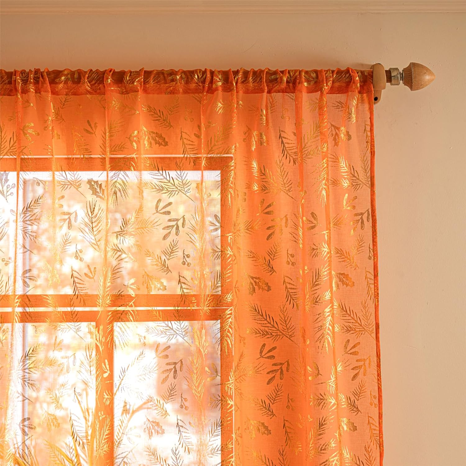 Deeprove Orange Sheer Curtains 63 inches Long 2 Panels for Bedroom Living Room Nursery Decor, Abstract Bronzing Metallic Gold Foil Pine Leaves Print Golden Window Treatments Pair Set, W52 x L63 Inch