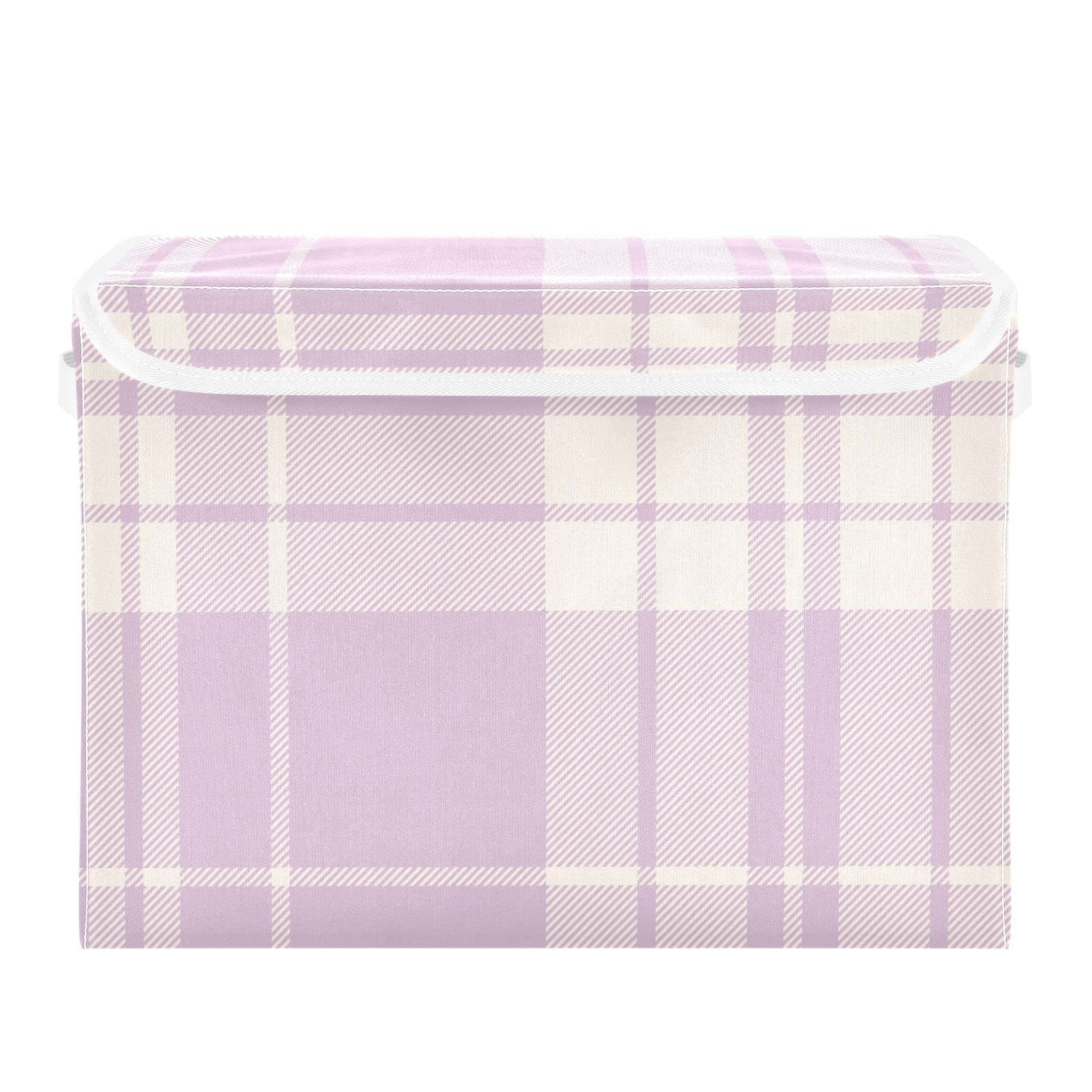 FRODOTGV Foldable Closet Storage Bin with Handles, White Plaid Tartan Pattern Peach Plaid Pattern, Large Storage Boxes Baskets Closet Organizers for Home, Office, Closet