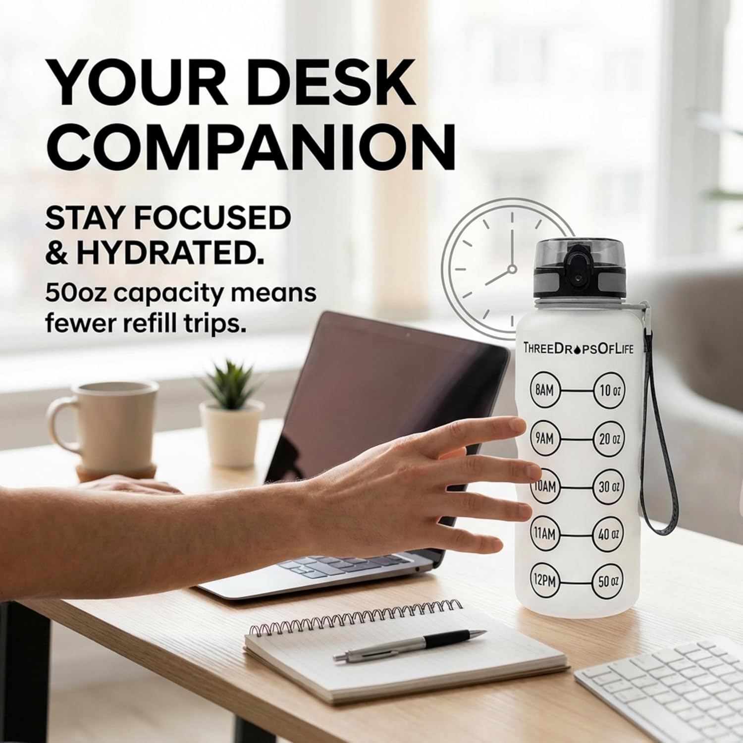 Three Drops of Life 50oz Hydration Tracker Sport Water Bottle – Frosted Clear Tritan With Time Marker, Leak-Resistant, Easy Flow Spout, Comfortable Strap For Daily Hydration - Image 2