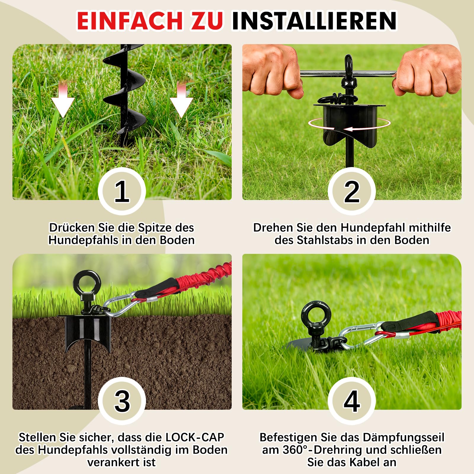 Snagle Paw Bodenanker für Hunde mit Lock-Cap, 6M Leine with Erdanker für Außen/Garten/Camping mit Stoßdämpfender Bungee-Leine, 360°drehbarer Rostfreier Bodenanker für Leinen, Ketten bis 360 lbs