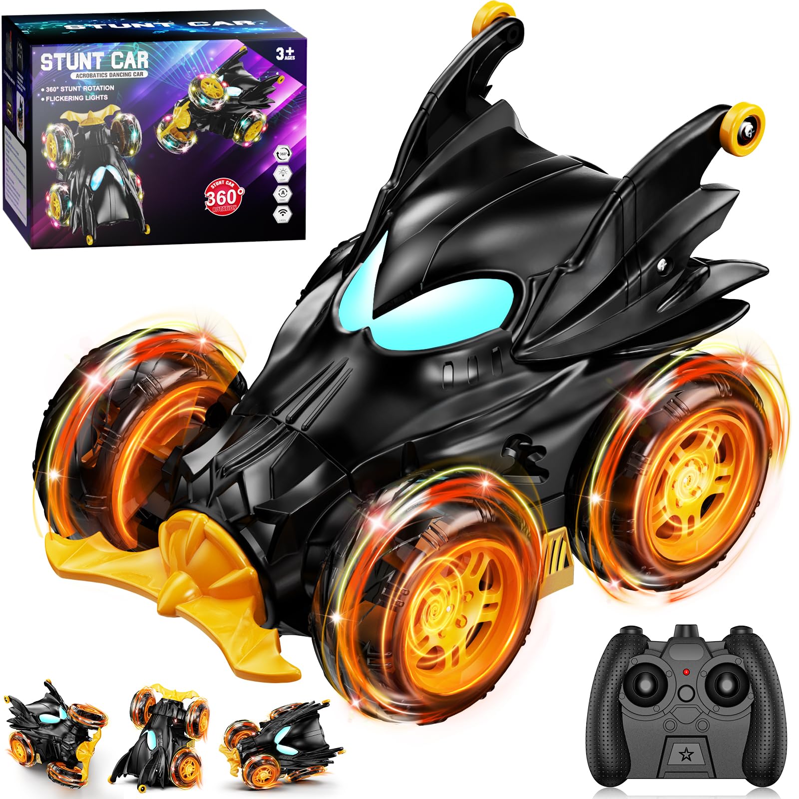 Bat Remote Control Car for Boys, 360° Rotating 4WD Stunt RC Cars with Cool Lights, Rechargeable Car Toys Birthday Gifts for Kids Boy Age 3 4-6 6-8