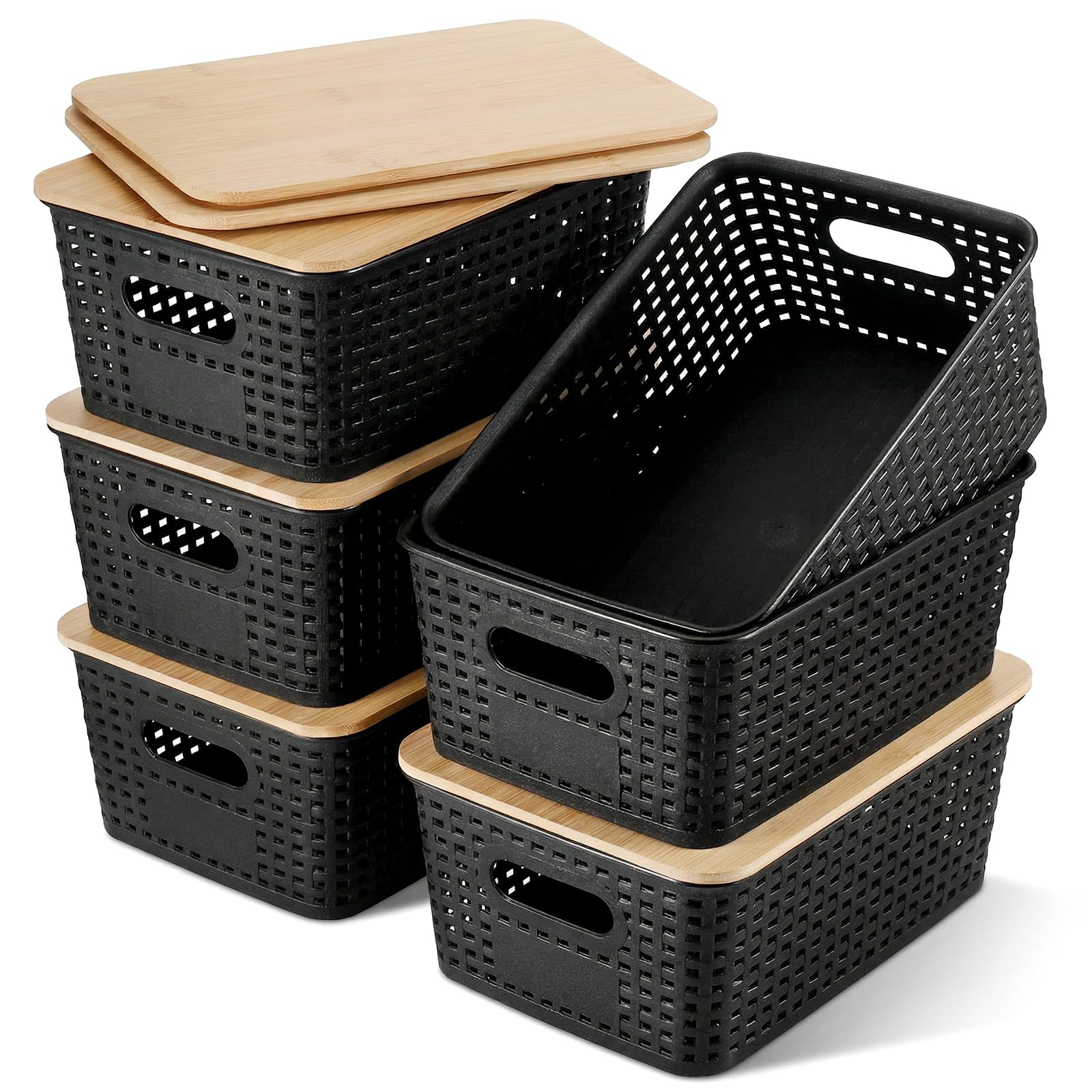 6 Pezzi Scatole Plastica con Coperchio Bambù, Organizer Cucina e Bagno, Impilabile Salvaspazio Cestino Vimini Contenitore Plastica con Bambù Coperchio per Armadio, Ufficio,Camera (Nero)