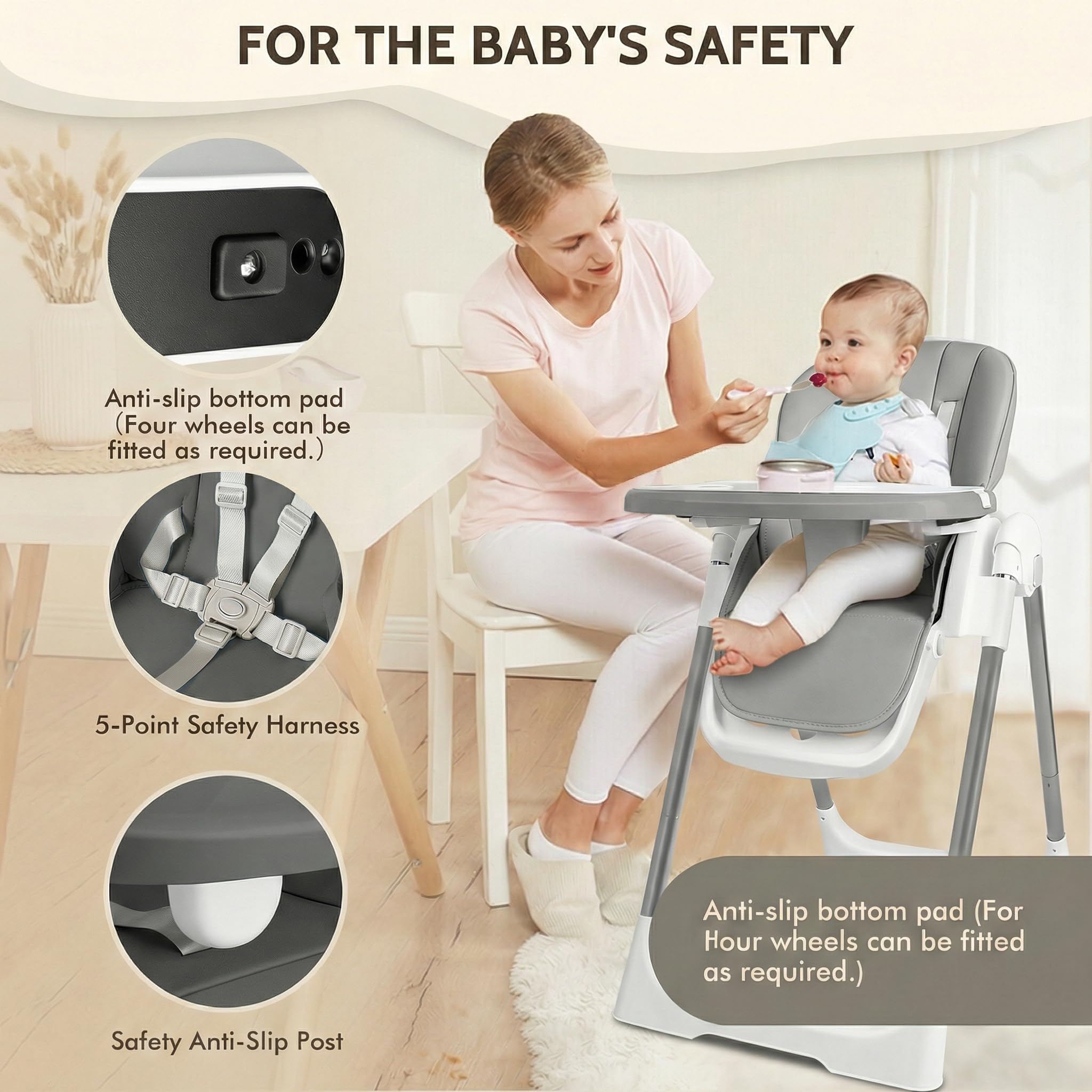 Trona para bebé, trona con cinturón de seguridad de 5 puntos, altura regulable, respaldo ajustable en 4 posiciones, trona combinada, reposapiés ajustable, mesa ajustable, plegable, gris
