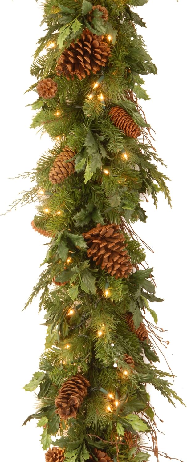 National Tree Company Pre-Lit Artificial Christmas Garland, Green, Juniper Pine, White Lights, Decorated With Pine Cones, Plug In, Christmas Collection, 6 Feet