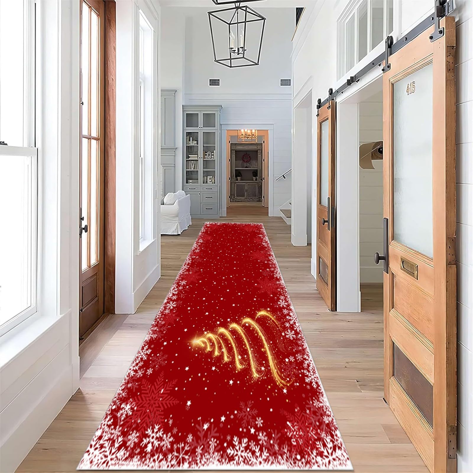 ZLXMN Snowflake Winter Christmas Long 2x10ft Rugs for Hallways, Kitchen Laundry Room Rugs, Non Skid Golden Tree Washable Indoor Rug