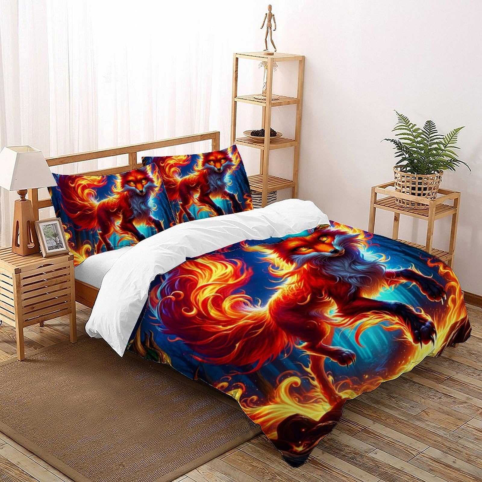Housse de couette 200x200 renard flamboyant avec taies d'oreiller, parure de lit double 3 pièces
