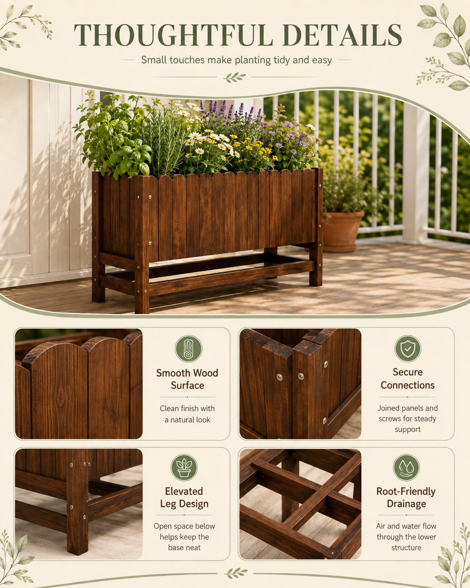 Huerto Urbano Madera para Jardín Y Terraza, Jardinera Elevada con Patas Y Marco Reforzado, Bancal Alto para Verduras, Hierbas, Flores, Balcón Y Porche,Blanca,106 * 30 * 86cm