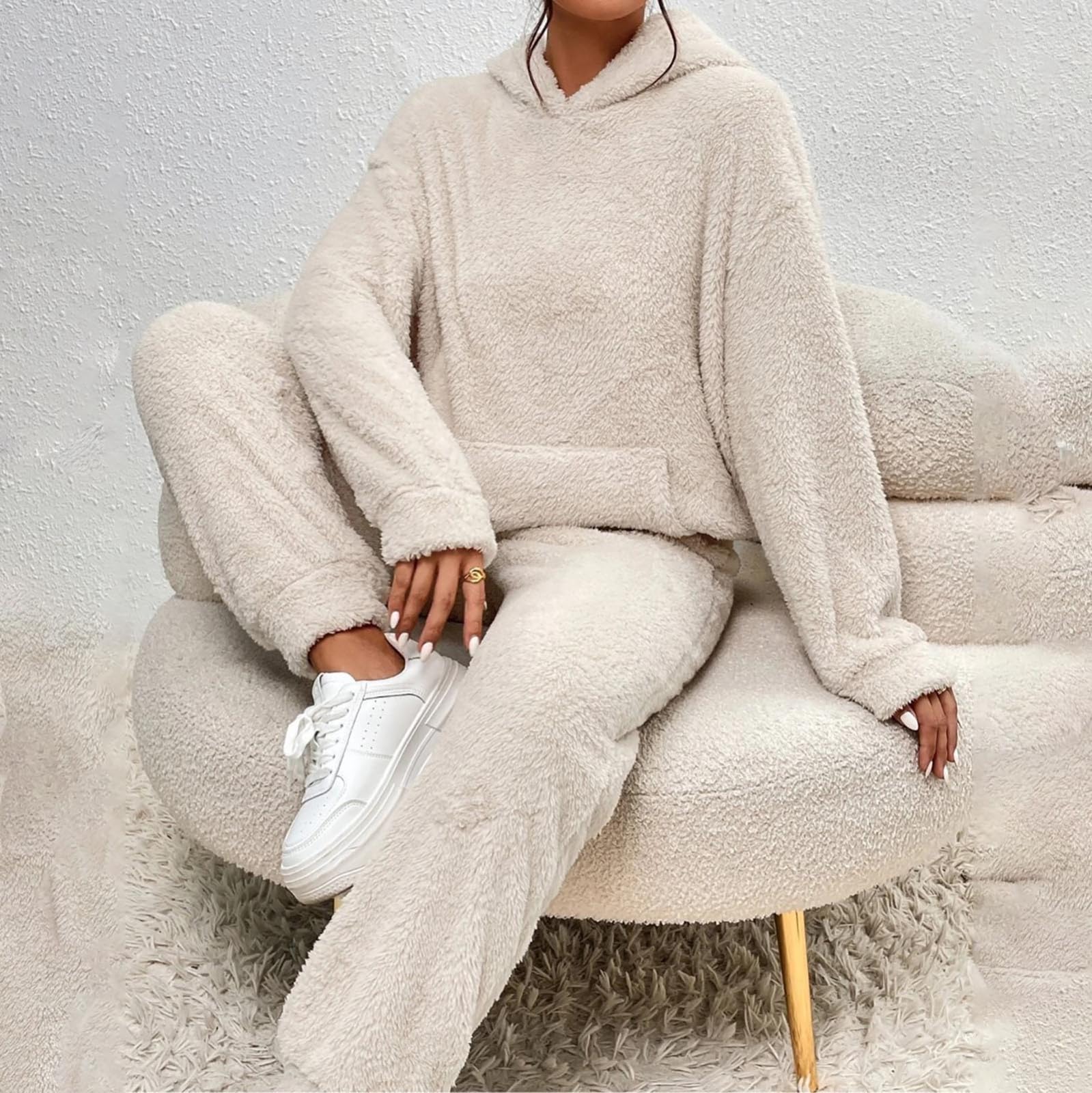 Generisch Homewear - Tuta da donna invernale soffice | Tuta sportiva in due pezzi, in pile, con cappuccio, calda, per il tempo libero
