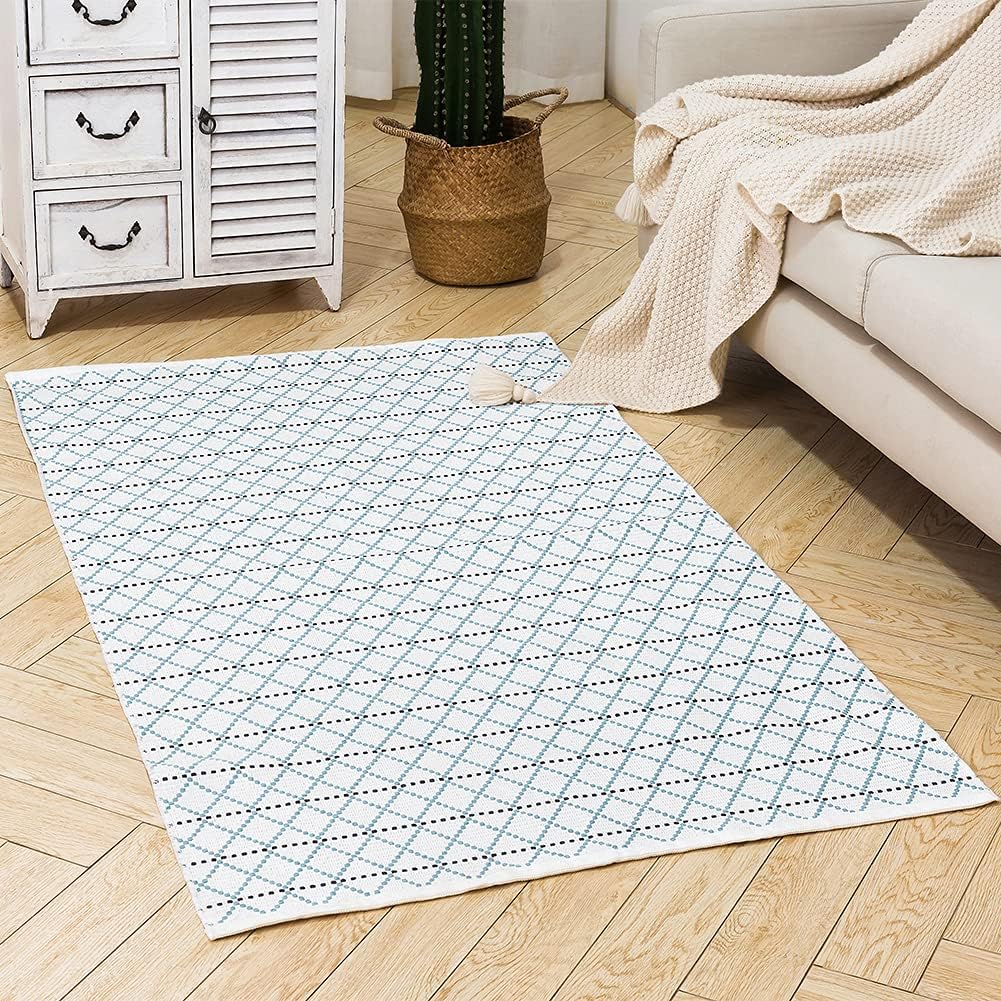 Cotton Woven Area Rug Farmhouse Kitchen Rug 3x5 Feet, Washable Boho Small Rug for Bathroom Outdoor Patio Entryway, Tribal Throw Rug Flatwoven Floor Carpet Door Mat 3'x5', Moroccan Pattern Blue Cream