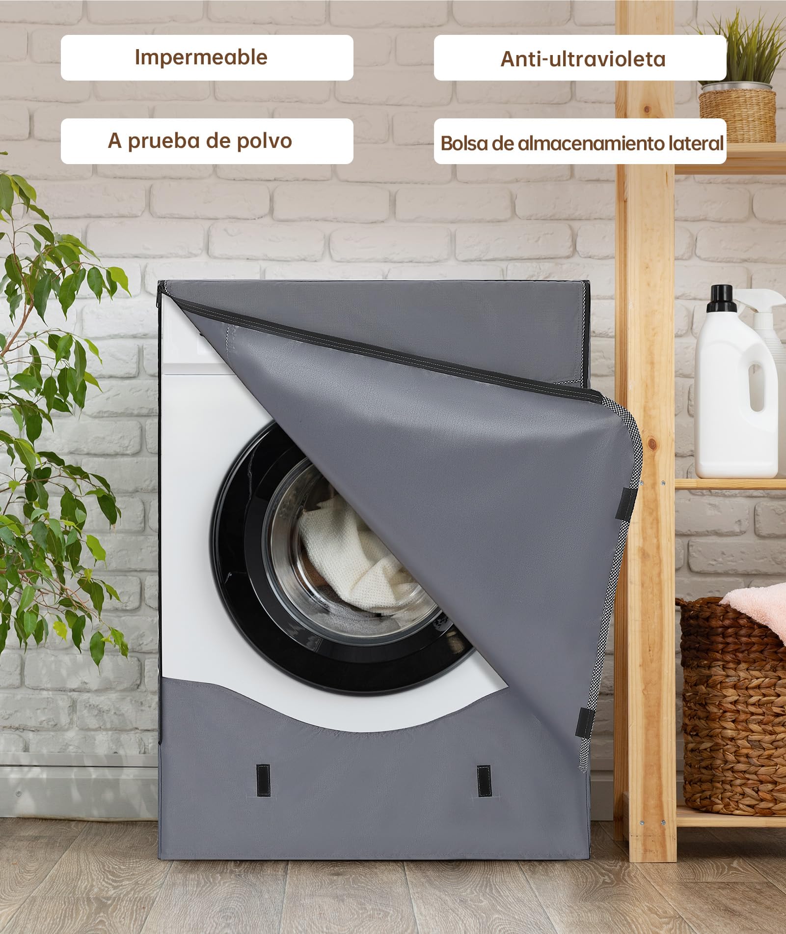 HAUSPROFI Funda Lavadora Exterior Impermeable 60 * 64 * 85cm, Fundas Lavadora Carga Frontal 420D, Fundas Secadoras Exterior con Recubrimiento Plata de Doble Cara, Funda Secadora Impermeable - Gris — view 6