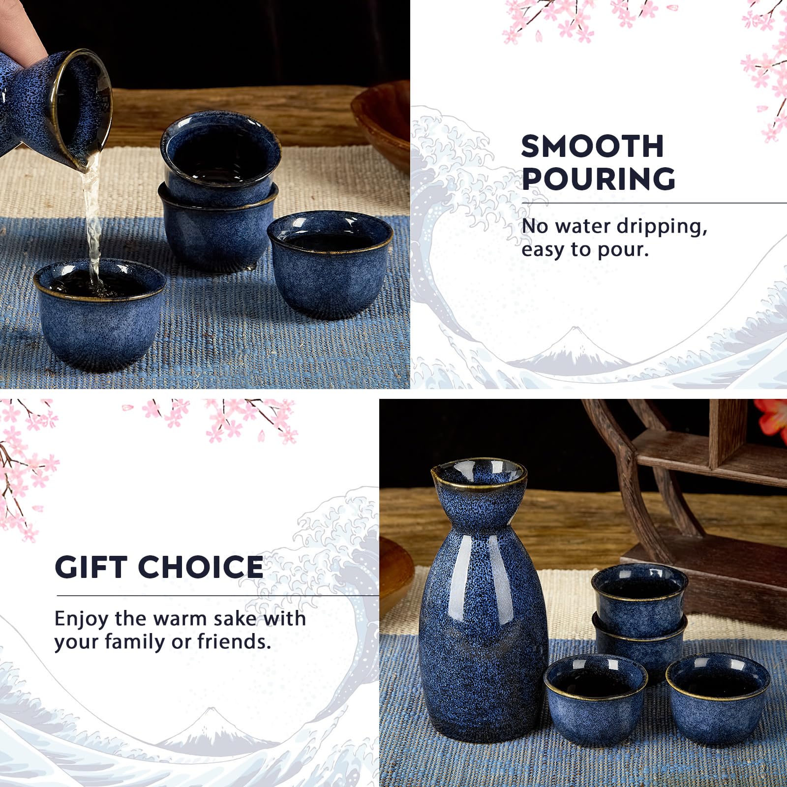 DUJUST 5-teiliges Japanisches Sake-Set, Porzellansake-Set mit feuerveränderter Glasur, 1 Flasche, 4 Tassen & 1 Geschenkkasten, warmer Karaffe, besonderes Japanisches Geschenkset - dunkelblau