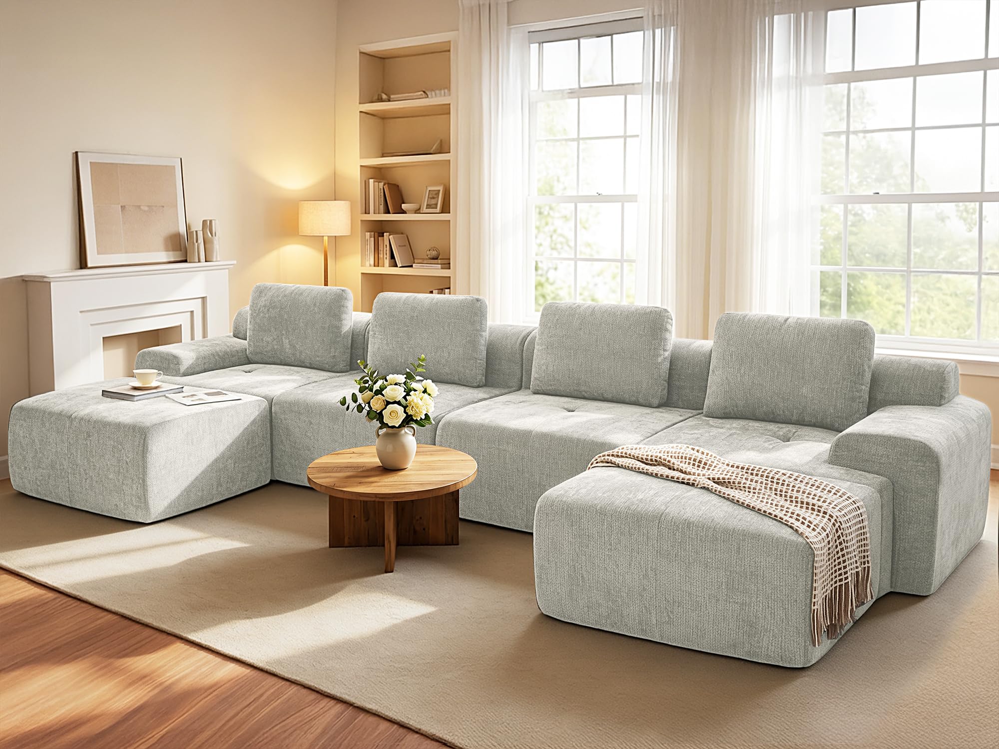 159" U Shaped Oversized Boneless Couch, Comfort Cloud Sectional Couches for Living Room, Modular Sofa High Back &amp; Extra Deep Seat, No Assembly, Soft Chenille(Light Grey, 159 inch-U shaped（4+2）)