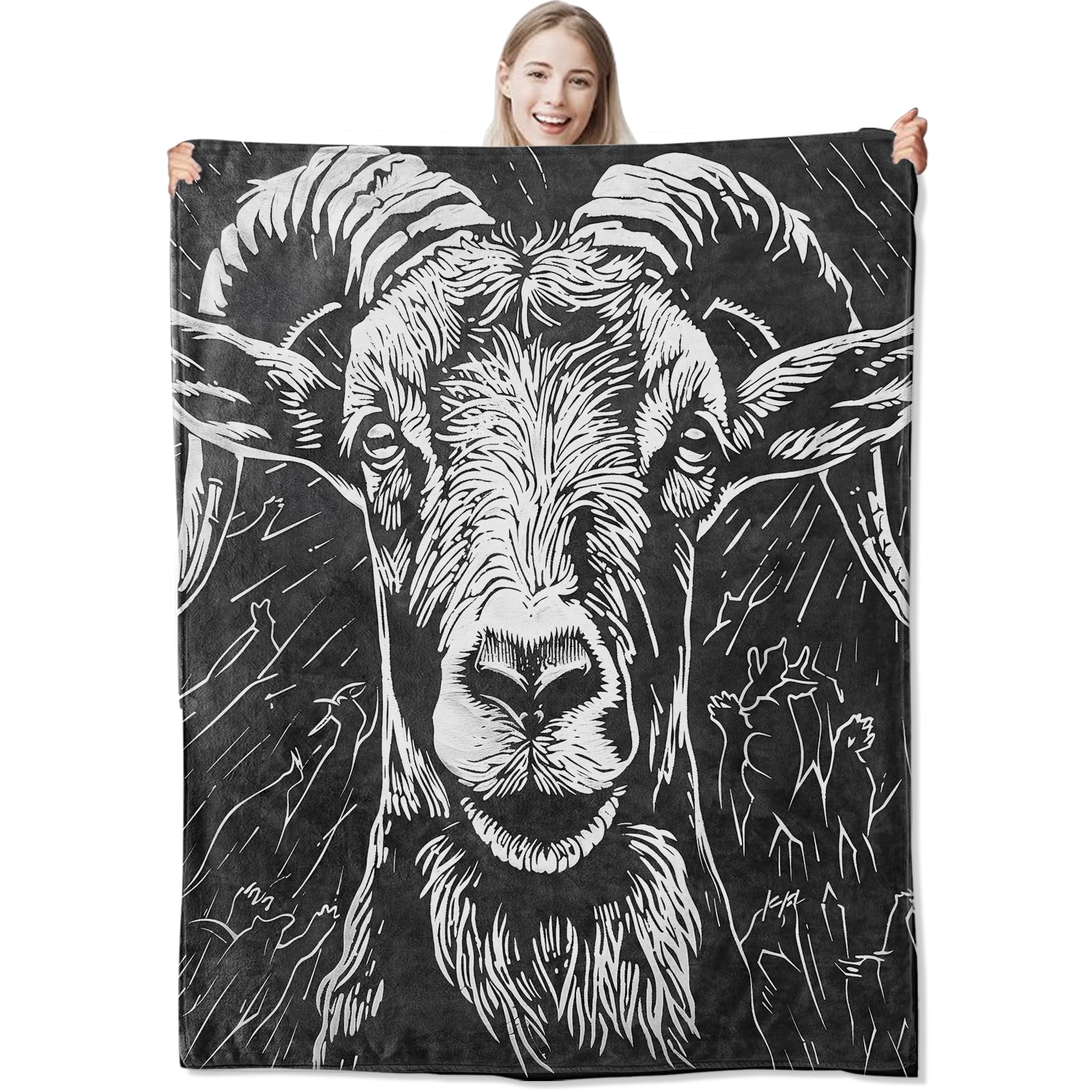 CUEBOS Goat Flannel Throw Blanket 50x60 Inch, Bold Black and White Mountain Sheep Blankets Soft Cozy Fleece Throws for Animal Lover Bed Sofa Dorm